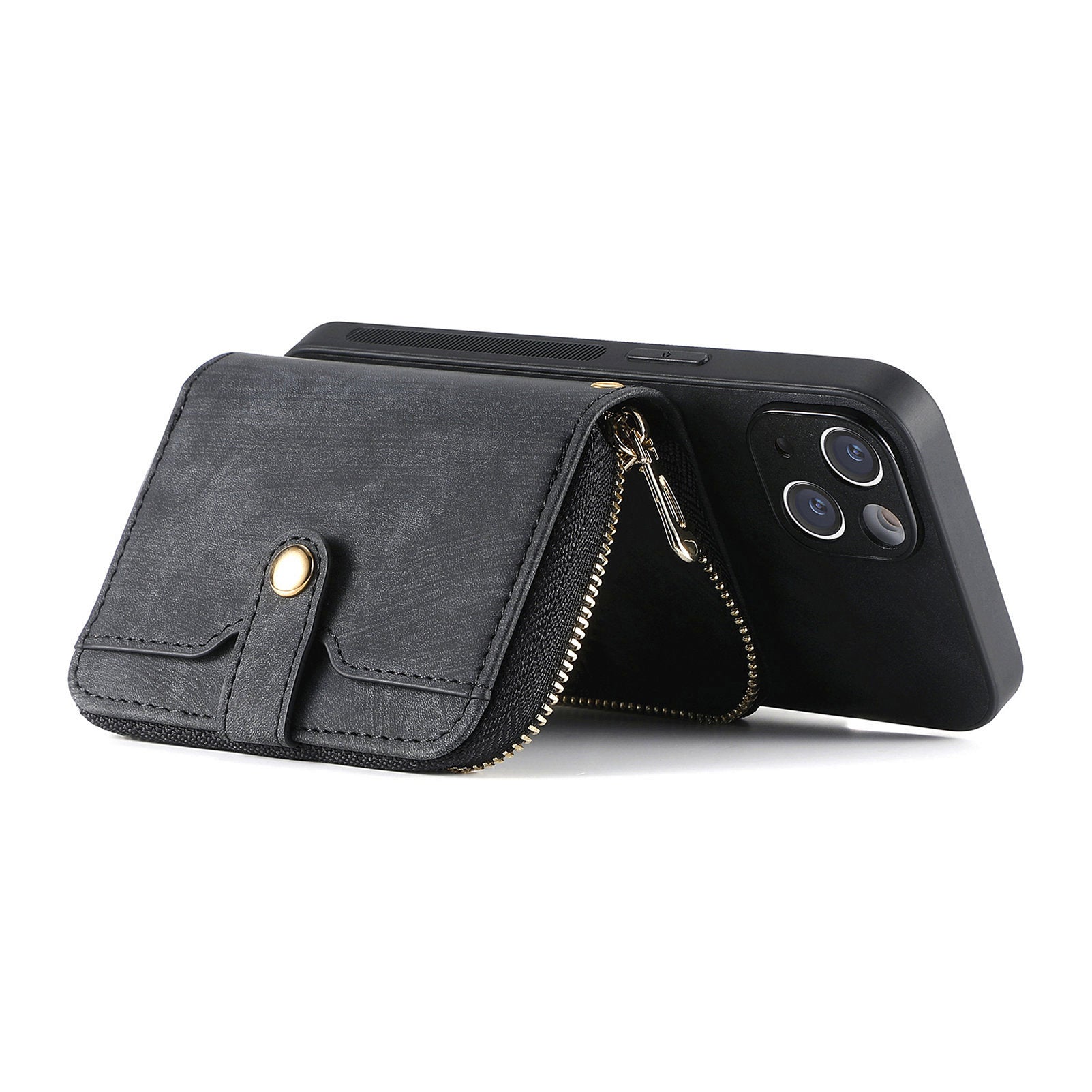 D3 for iPhone 15 Case Zipper Wallet Leather Coated PC+TPU Phone Cover with Lanyard