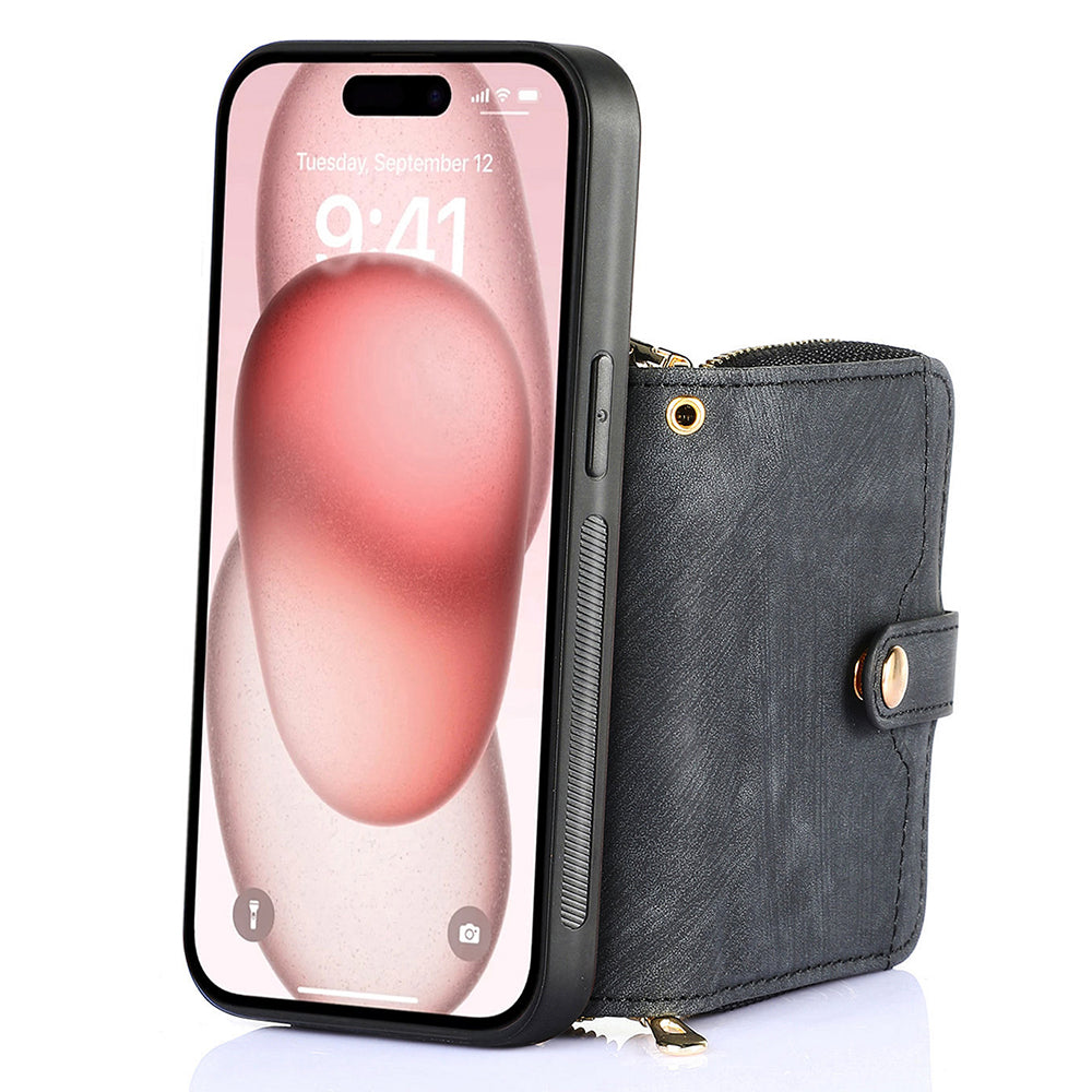 D3 for iPhone 15 Case Zipper Wallet Leather Coated PC+TPU Phone Cover with Lanyard