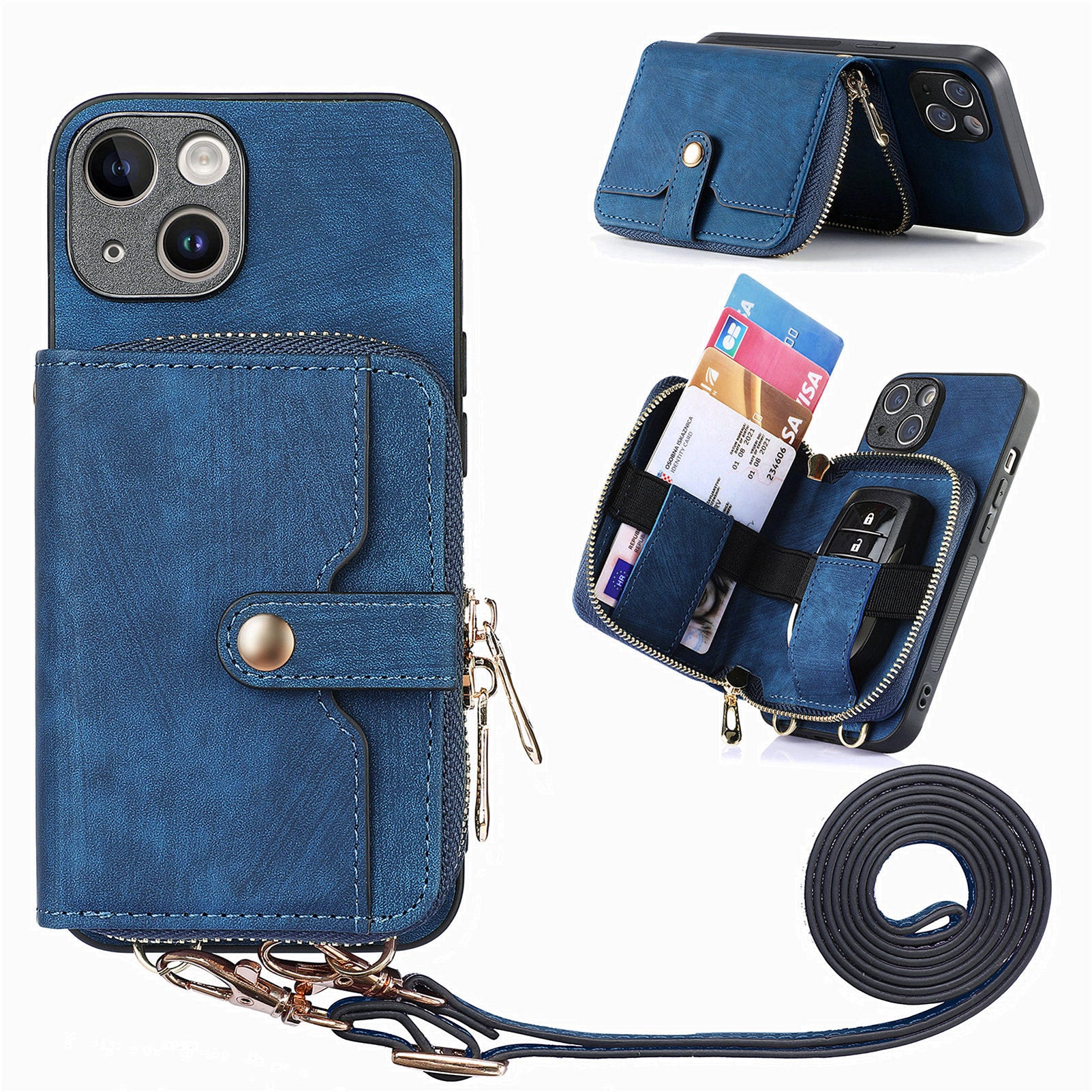 D3 for iPhone 15 Case Zipper Wallet Leather Coated PC+TPU Phone Cover with Lanyard