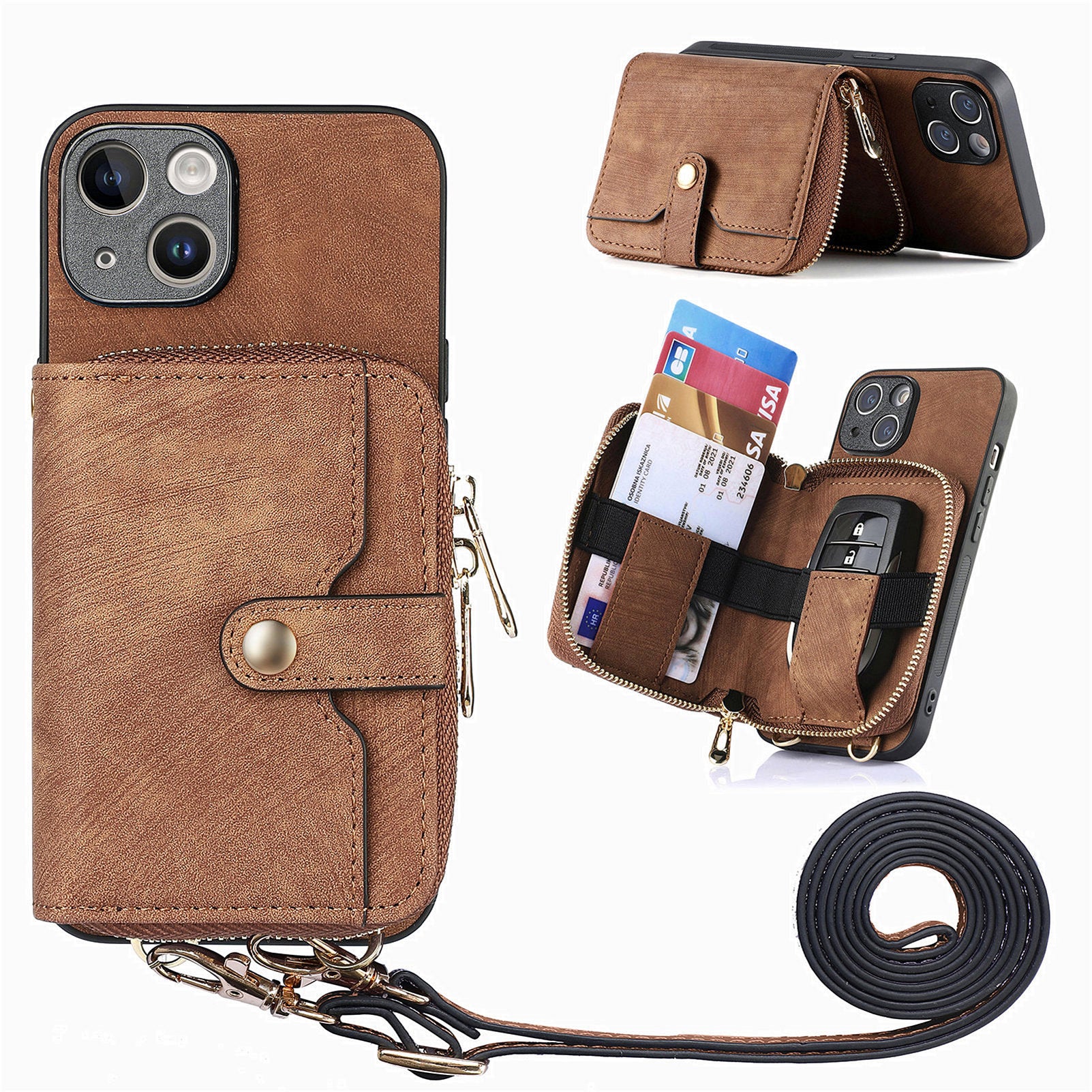 D3 for iPhone 15 Case Zipper Wallet Leather Coated PC+TPU Phone Cover with Lanyard