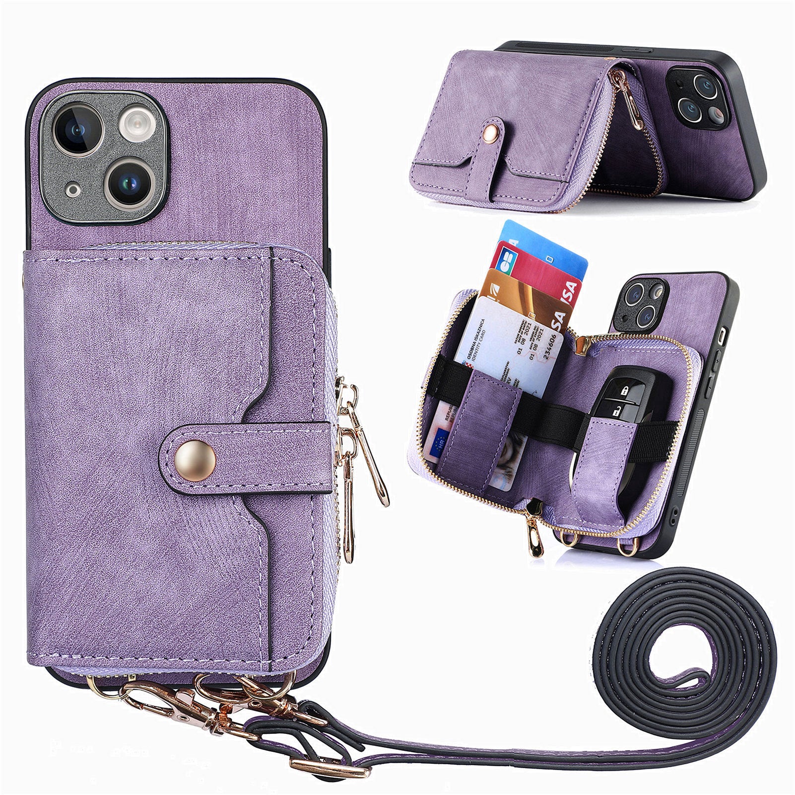 D3 for iPhone 15 Case Zipper Wallet Leather Coated PC+TPU Phone Cover with Lanyard
