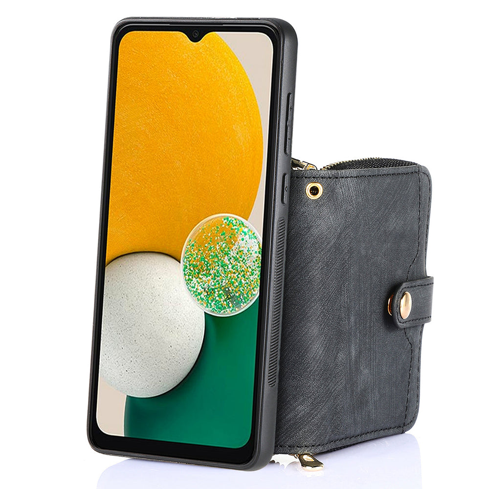 D3 For Samsung Galaxy A13 5G / A04s 4G (164.7 x 76.7 x 9.1 mm) Kickstand PU Leather+PC+TPU Phone Case Zipper Wallet
