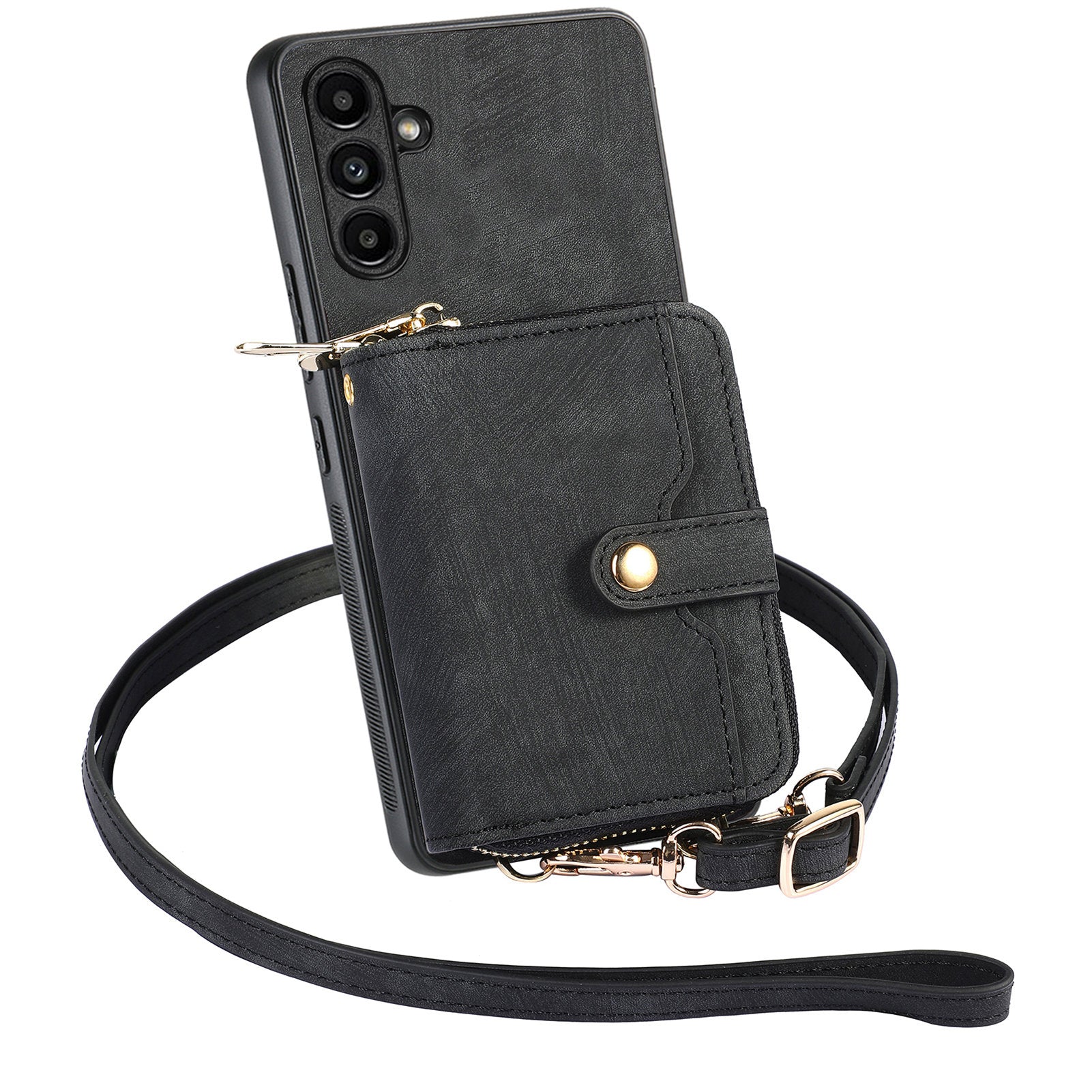 D3 for Samsung Galaxy A05s 4G Case Zipper Retro Leather Back Cover with Crossbody Strap