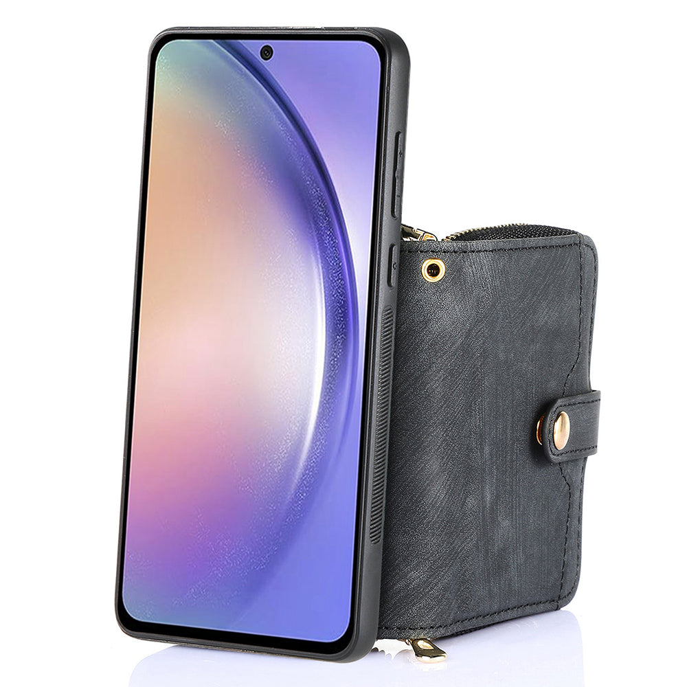D3 for Samsung Galaxy A05s 4G Case Zipper Retro Leather Back Cover with Crossbody Strap