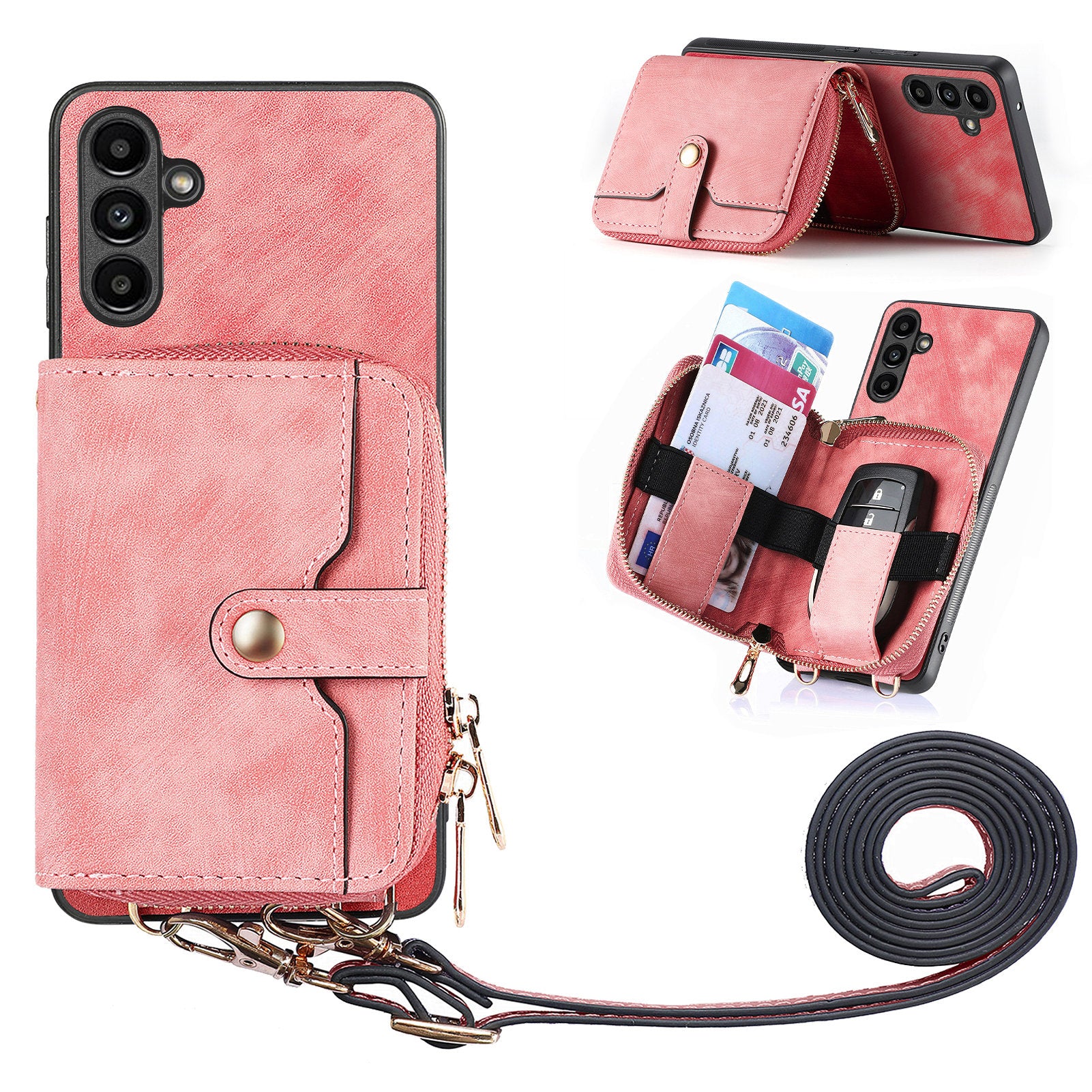 D3 for Samsung Galaxy A05s 4G Case Zipper Retro Leather Back Cover with Crossbody Strap