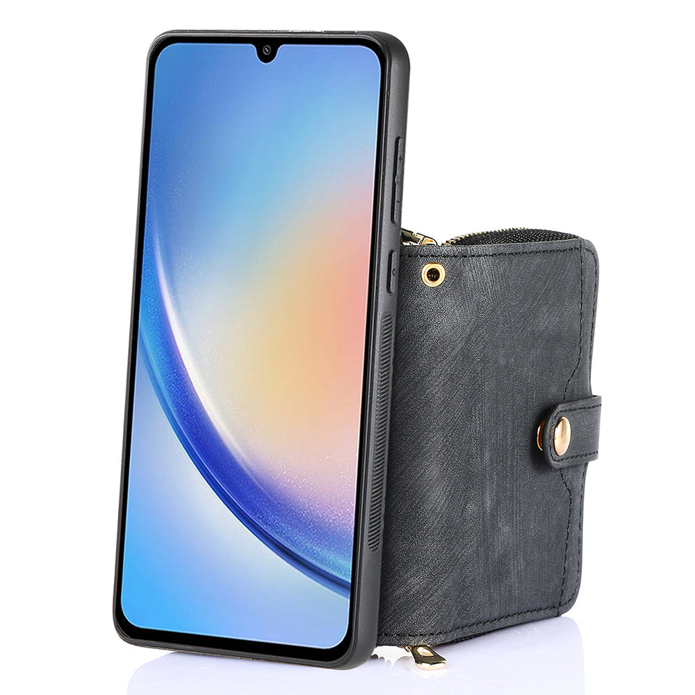 D3 for Samsung Galaxy A15 4G / 5G PU Leather+PC+TPU Case Retro Zipper Pocket Cover with Lanyard