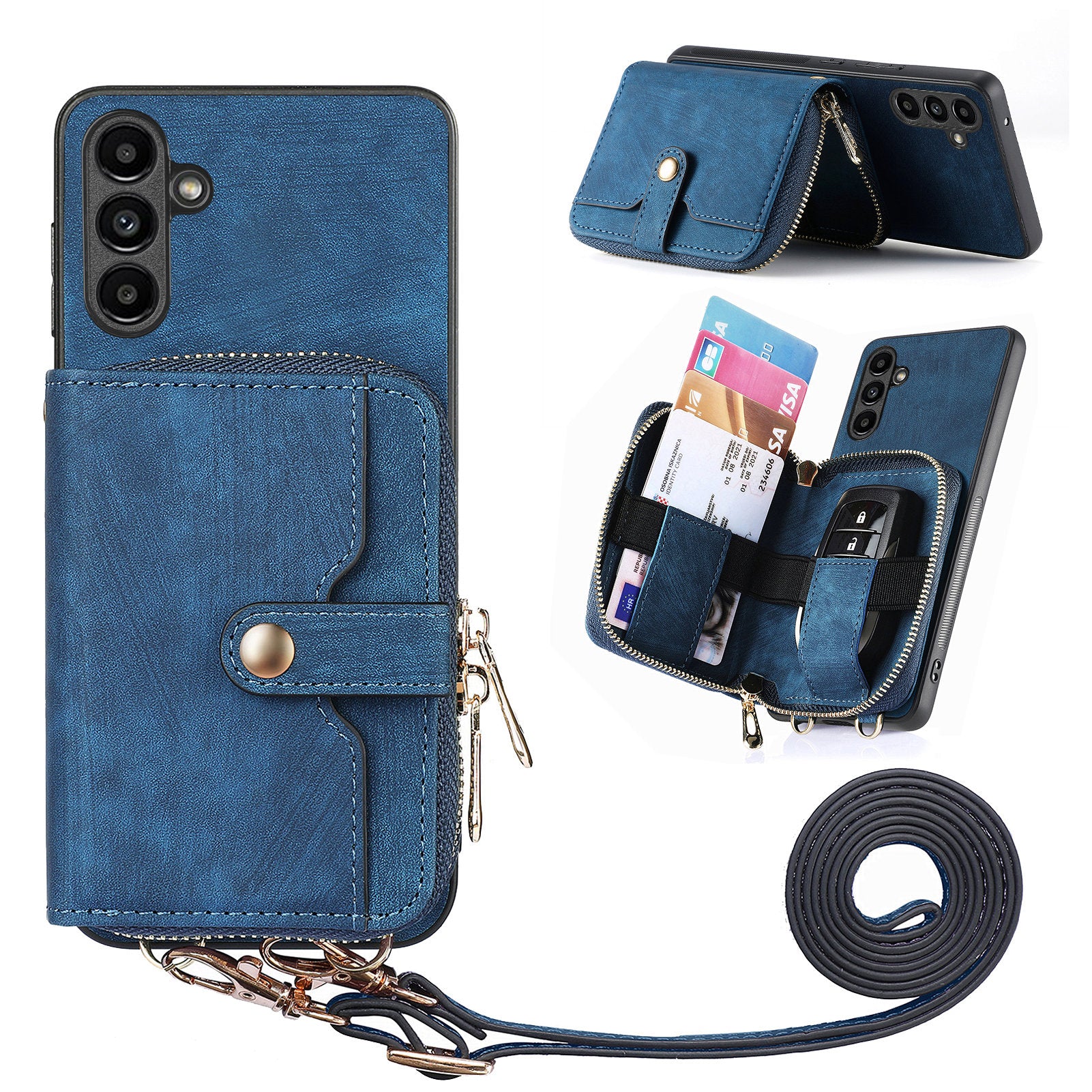 D3 for Samsung Galaxy A15 4G / 5G PU Leather+PC+TPU Case Retro Zipper Pocket Cover with Lanyard