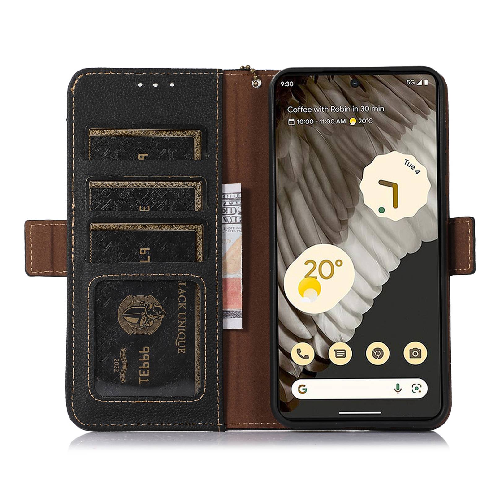 TJ For Google Pixel 9 Pro RFID Blocking Case Genuine Cow Leather Flip Phone Cover