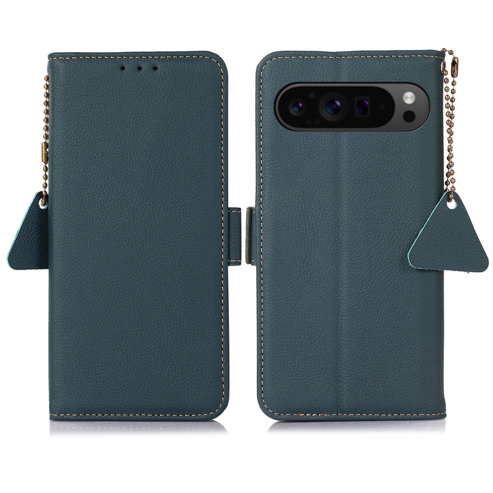 TJ For Google Pixel 9 Pro RFID Blocking Case Genuine Cow Leather Flip Phone Cover