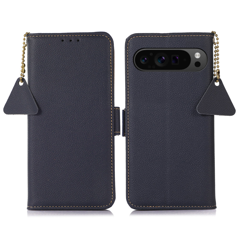 TJ For Google Pixel 9 Pro RFID Blocking Case Genuine Cow Leather Flip Phone Cover