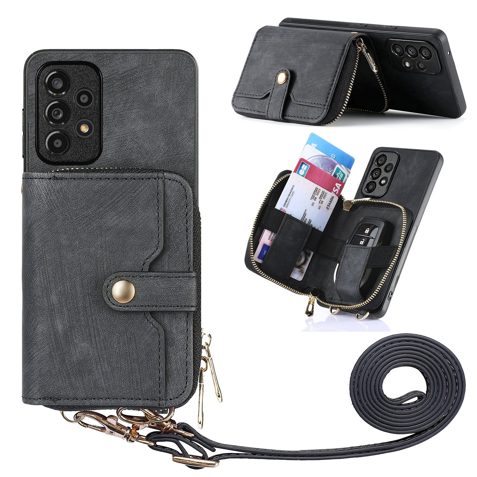 D3 For Samsung Galaxy A13 4G Shockproof Cover PU Leather+PC+TPU Phone Case Kickstand Zipper Wallet