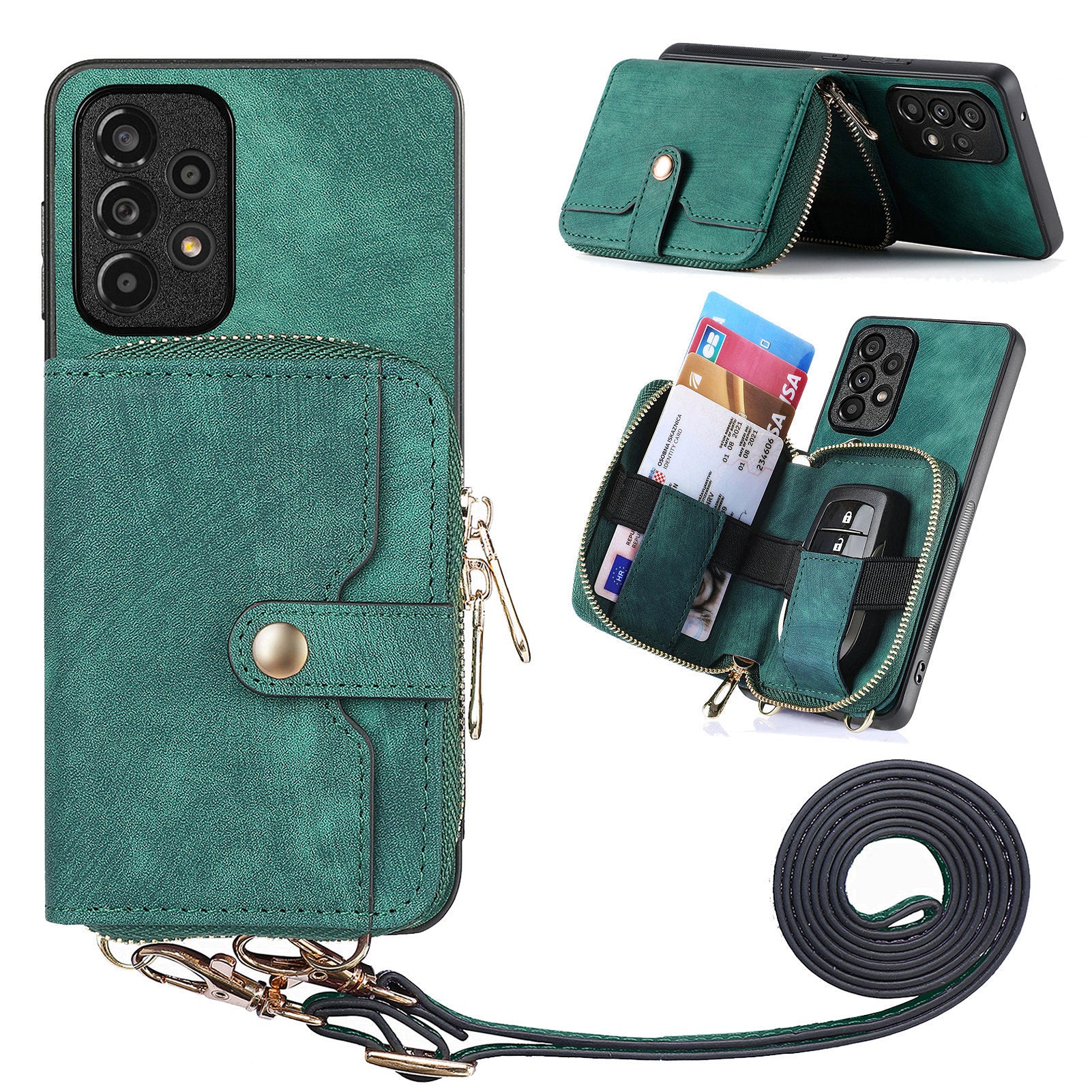 D3 For Samsung Galaxy A13 4G Shockproof Cover PU Leather+PC+TPU Phone Case Kickstand Zipper Wallet