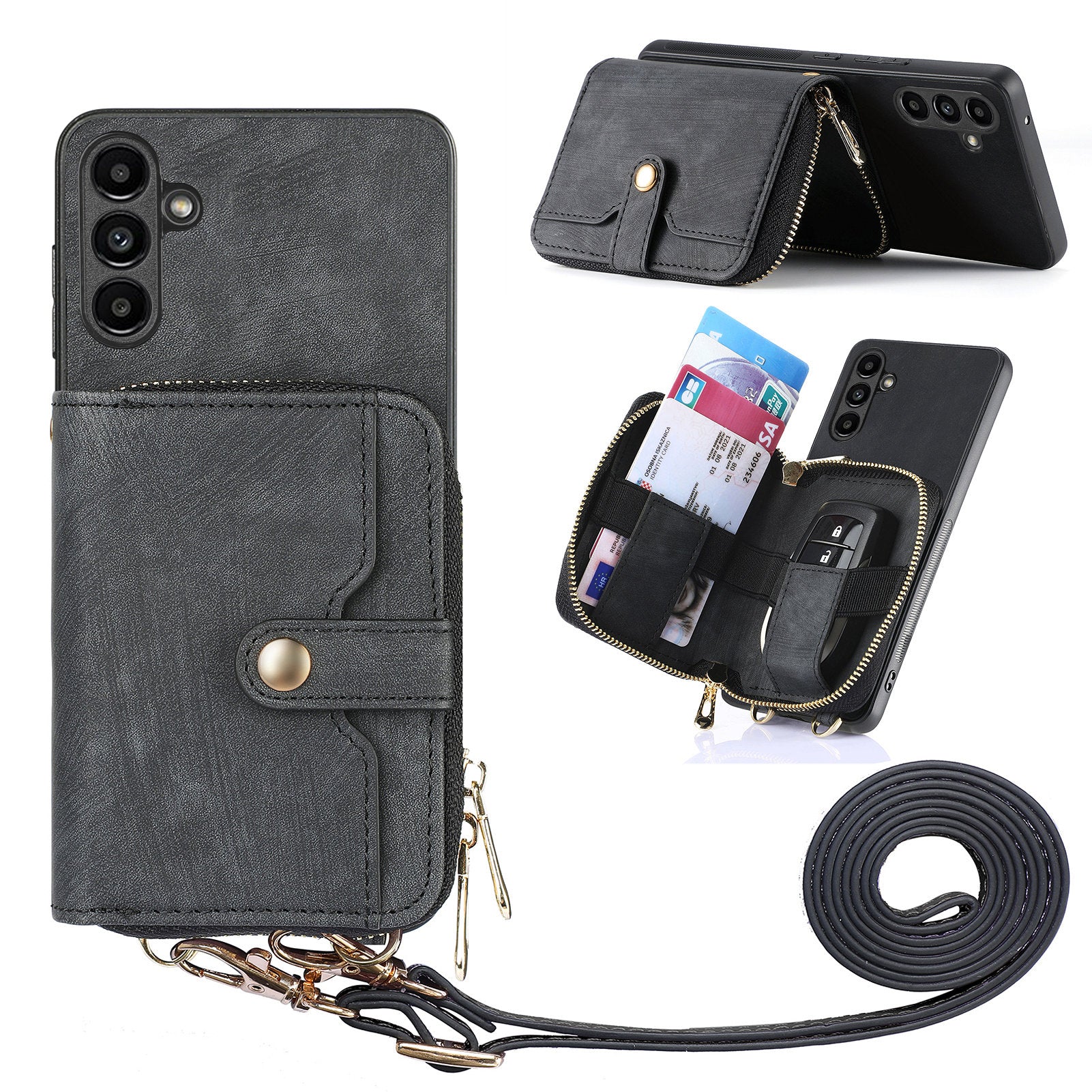 D3 for Samsung Galaxy A34 5G Zipper Pocket Case Leather+TPU+PC Crossbody Phone Cover