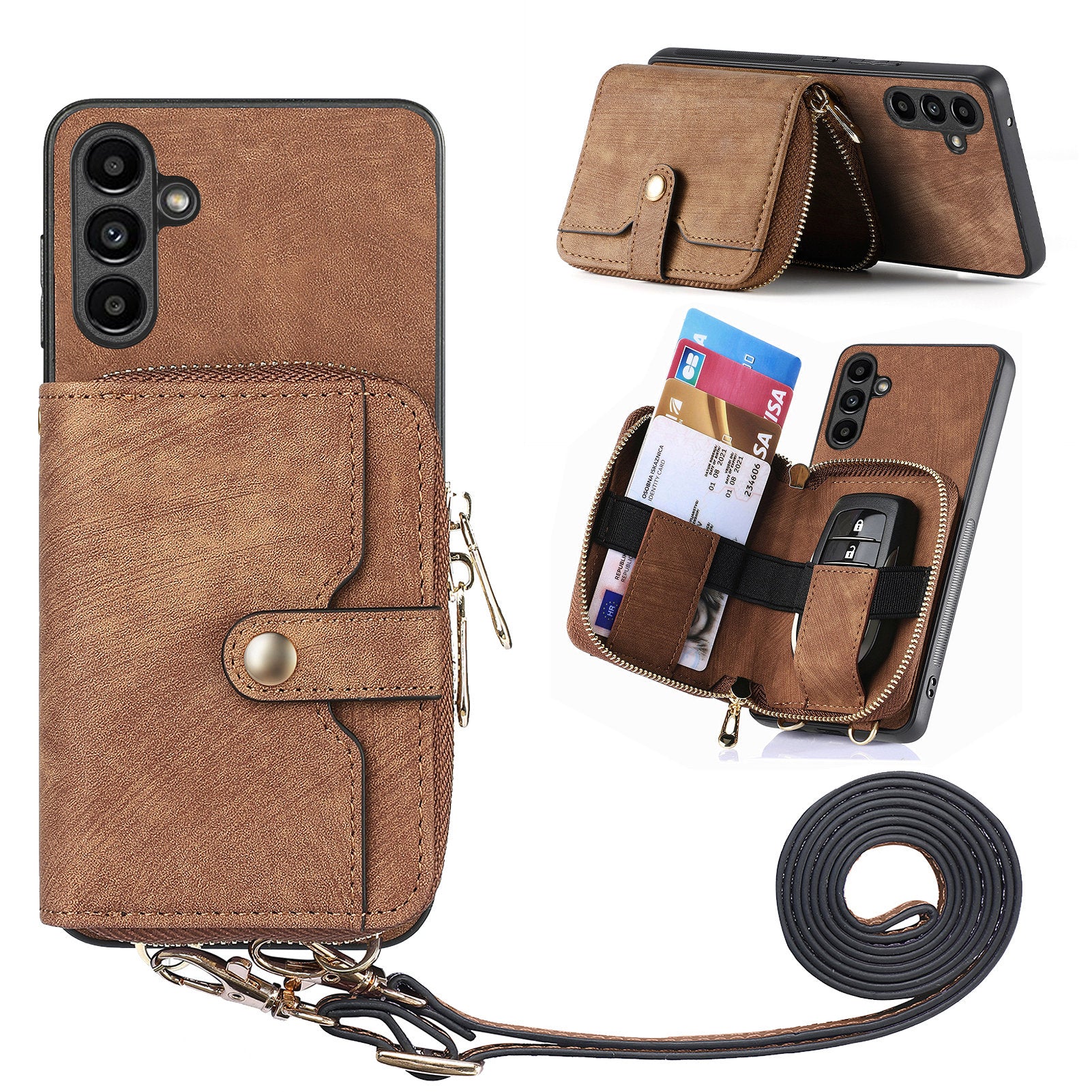 D3 for Samsung Galaxy A34 5G Zipper Pocket Case Leather+TPU+PC Crossbody Phone Cover