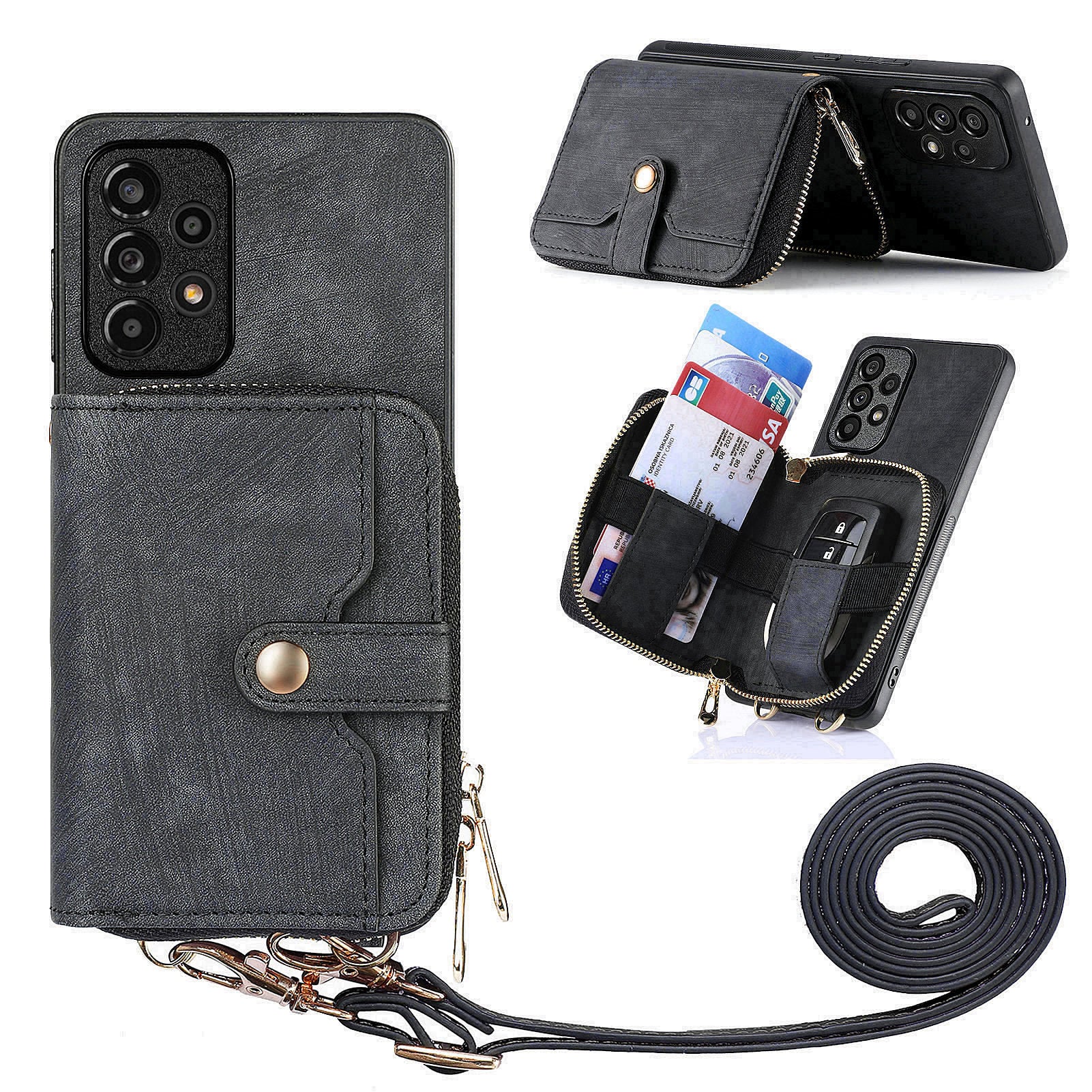 D3 For Samsung Galaxy A53 5G Case Zipper Wallet Retro Leather Coated Back Cover with Shoulder Strap