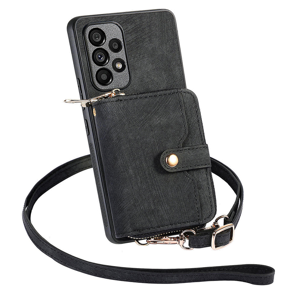 D3 For Samsung Galaxy A53 5G Case Zipper Wallet Retro Leather Coated Back Cover with Shoulder Strap