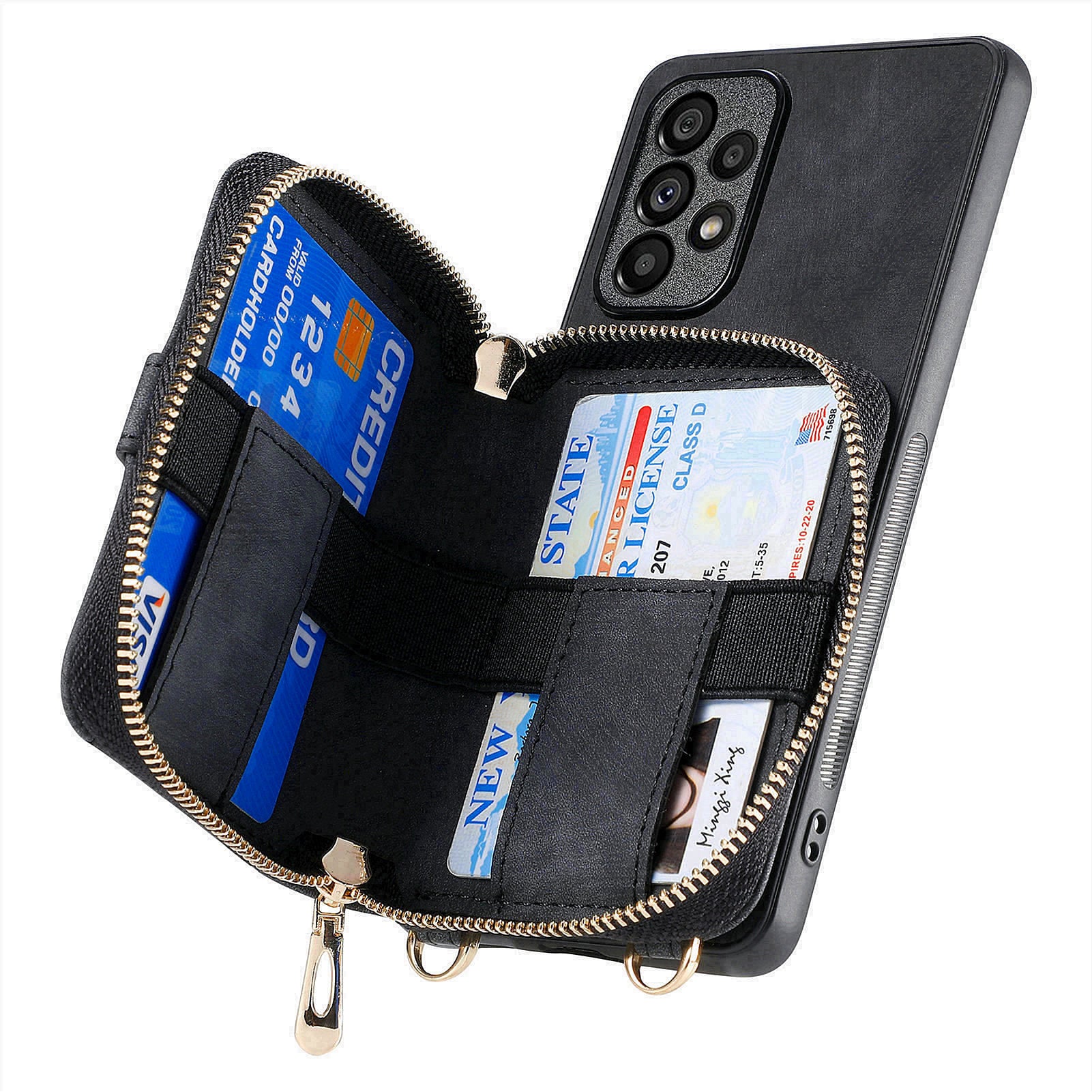 D3 For Samsung Galaxy A53 5G Case Zipper Wallet Retro Leather Coated Back Cover with Shoulder Strap