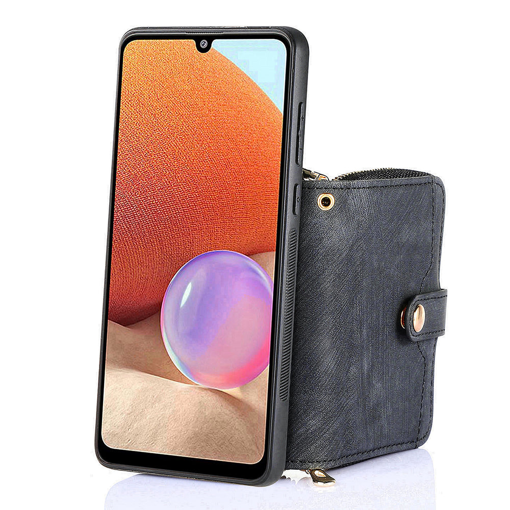 D3 For Samsung Galaxy A53 5G Case Zipper Wallet Retro Leather Coated Back Cover with Shoulder Strap