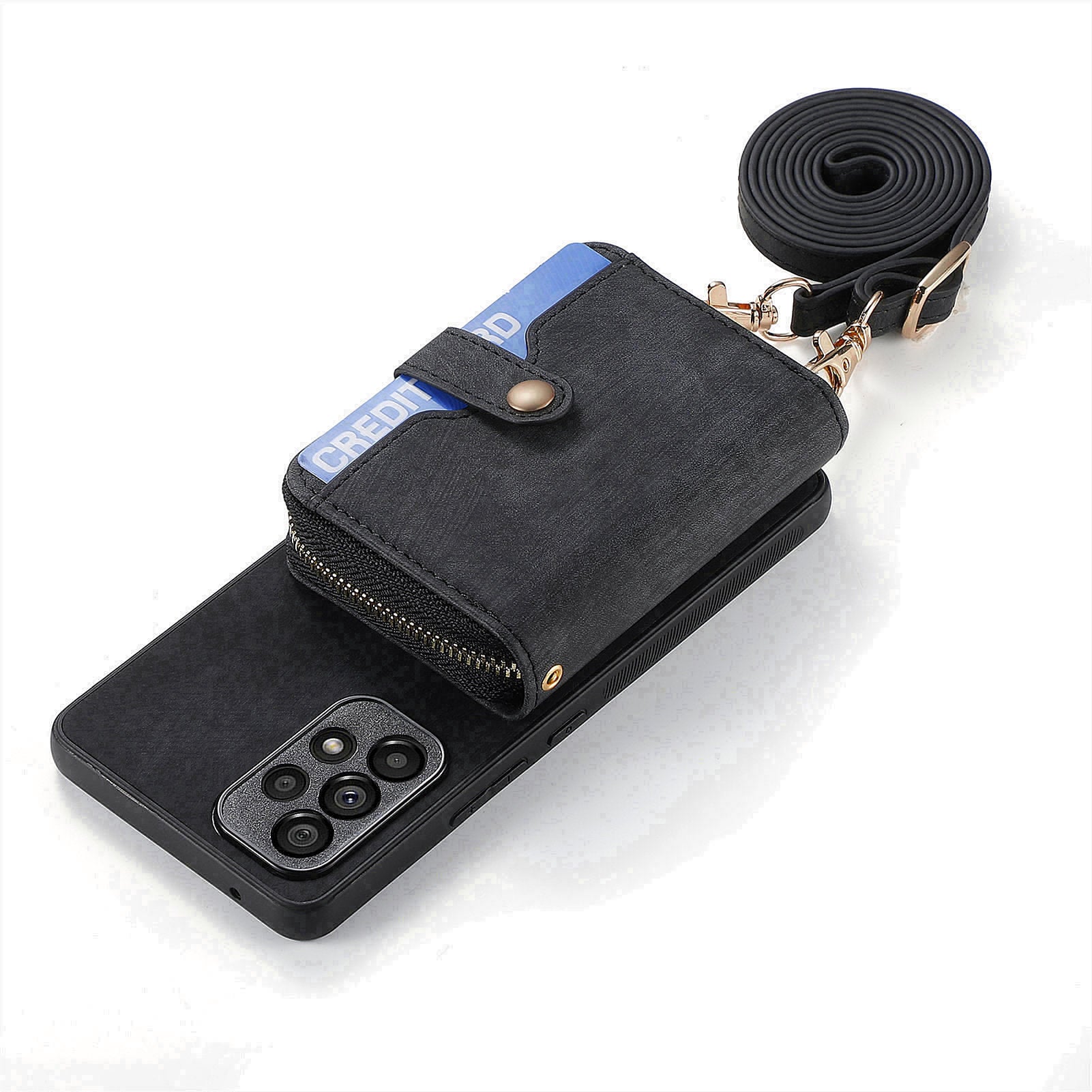 D3 For Samsung Galaxy A53 5G Case Zipper Wallet Retro Leather Coated Back Cover with Shoulder Strap