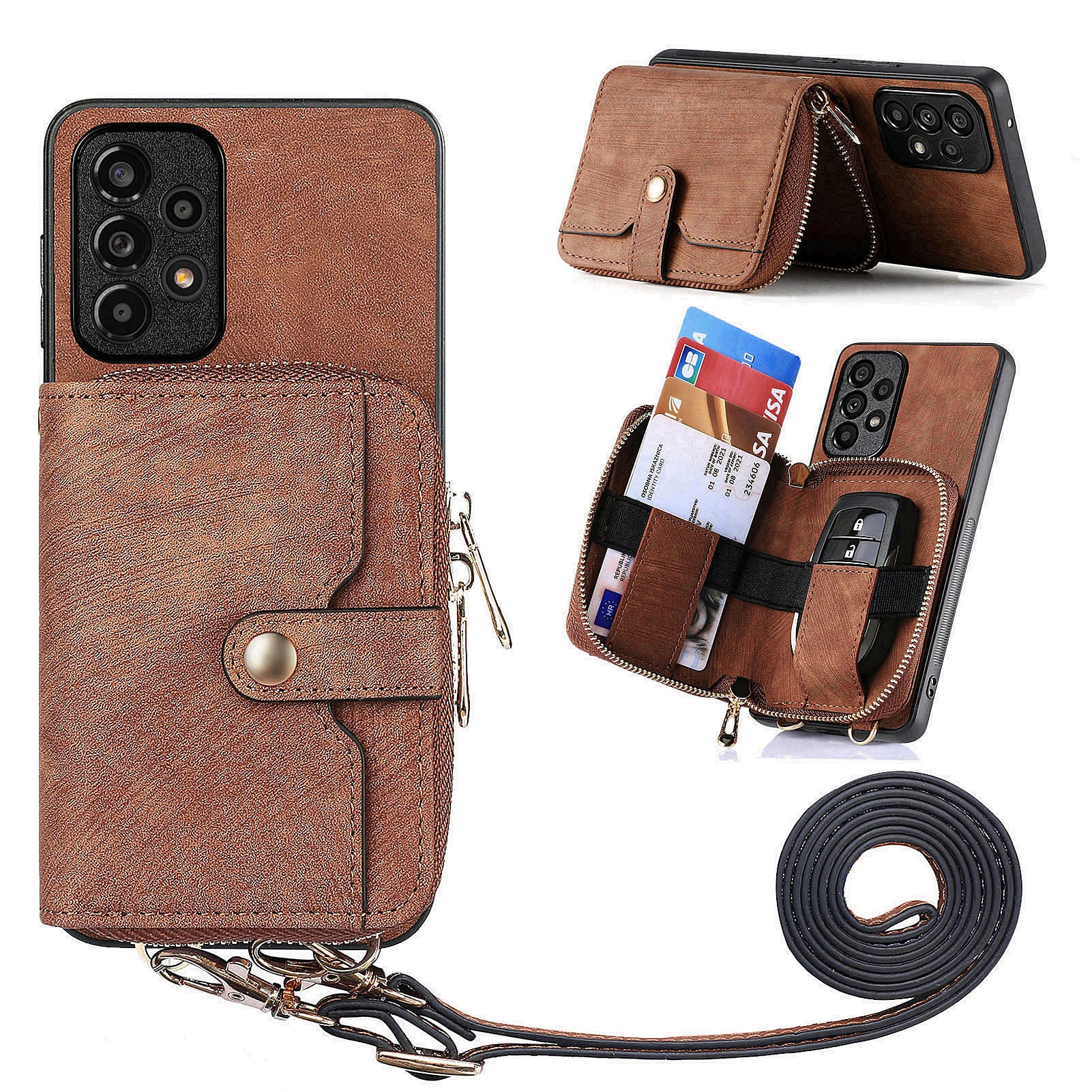D3 For Samsung Galaxy A53 5G Case Zipper Wallet Retro Leather Coated Back Cover with Shoulder Strap