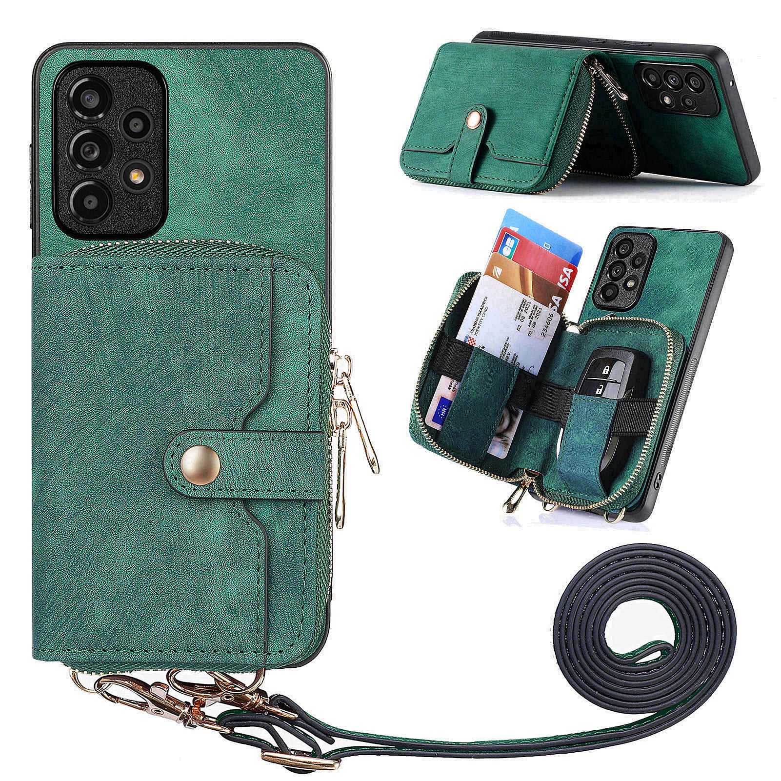 D3 For Samsung Galaxy A53 5G Case Zipper Wallet Retro Leather Coated Back Cover with Shoulder Strap