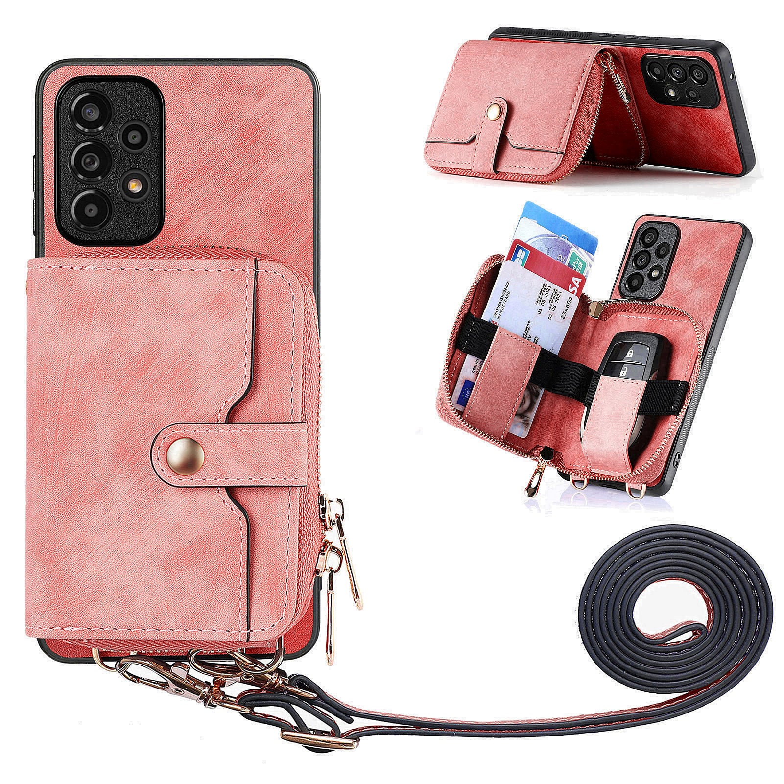 D3 For Samsung Galaxy A53 5G Case Zipper Wallet Retro Leather Coated Back Cover with Shoulder Strap