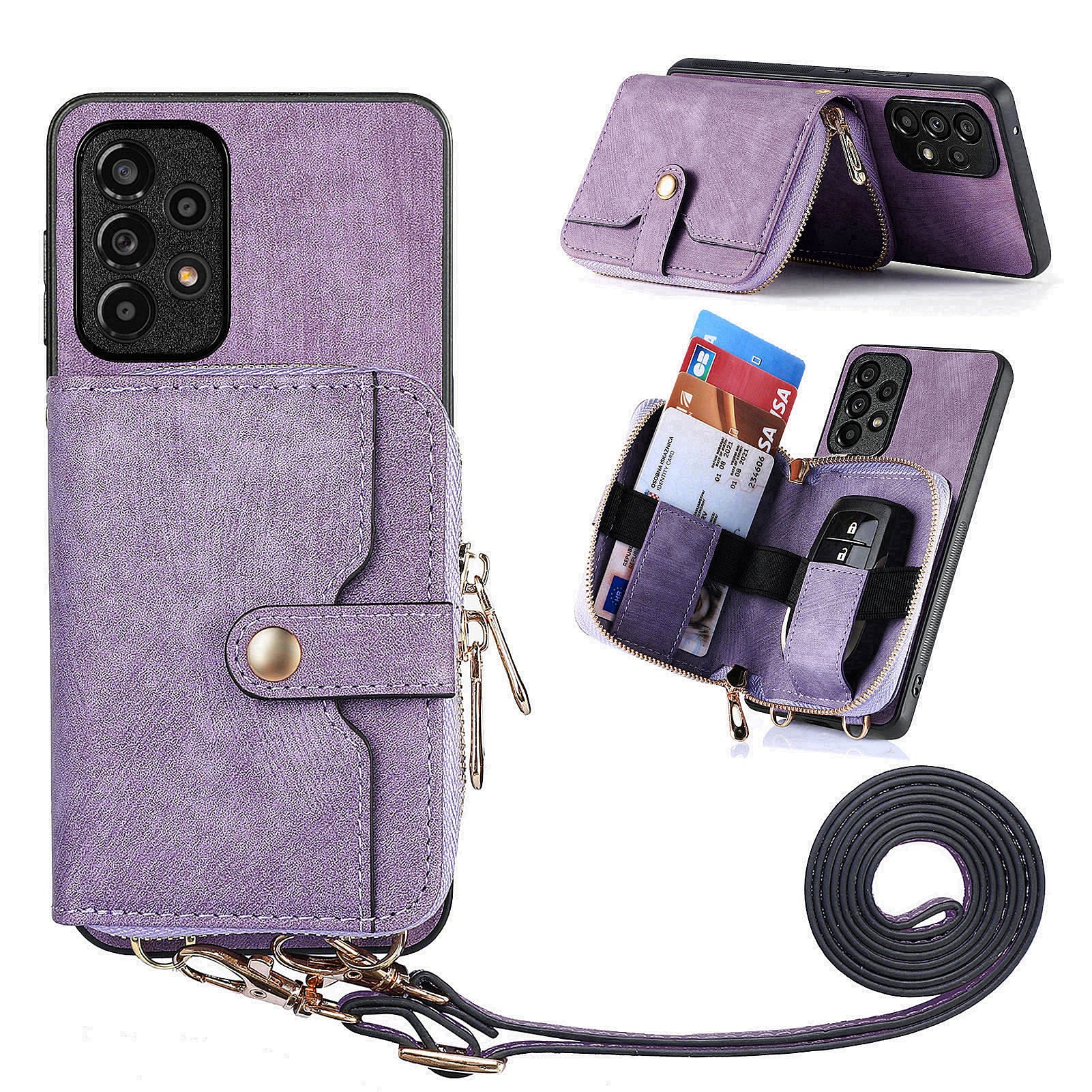 D3 For Samsung Galaxy A53 5G Case Zipper Wallet Retro Leather Coated Back Cover with Shoulder Strap