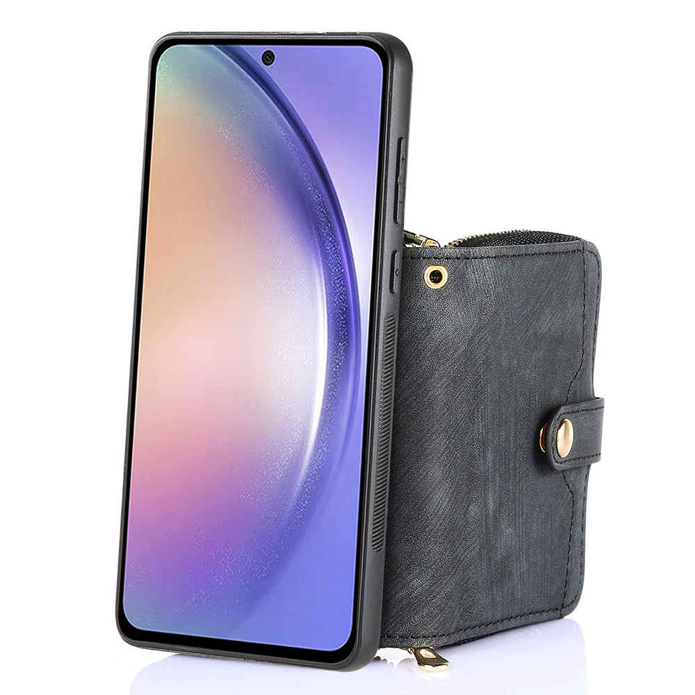 D3 For Samsung Galaxy A55 5G Cell Phone Case Zipper Wallet Leather+TPU+PC Cover with Long Strap