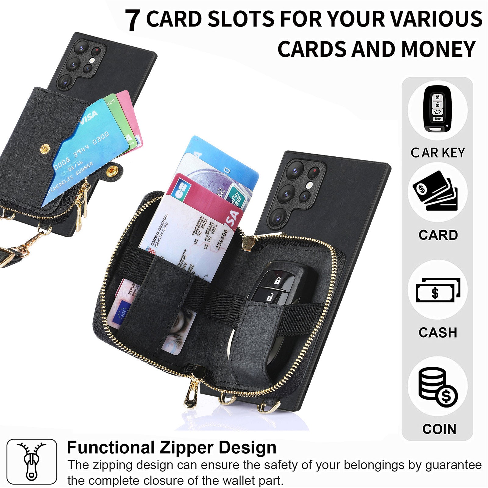 D3 Phone Case Wallet for Samsung Galaxy S22 Ultra 5G Zipper Pocket PU Leather+PC+TPU Phone Cover