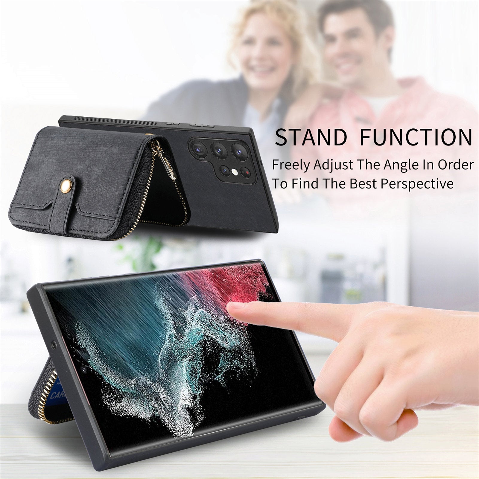 D3 Phone Case Wallet for Samsung Galaxy S22 Ultra 5G Zipper Pocket PU Leather+PC+TPU Phone Cover
