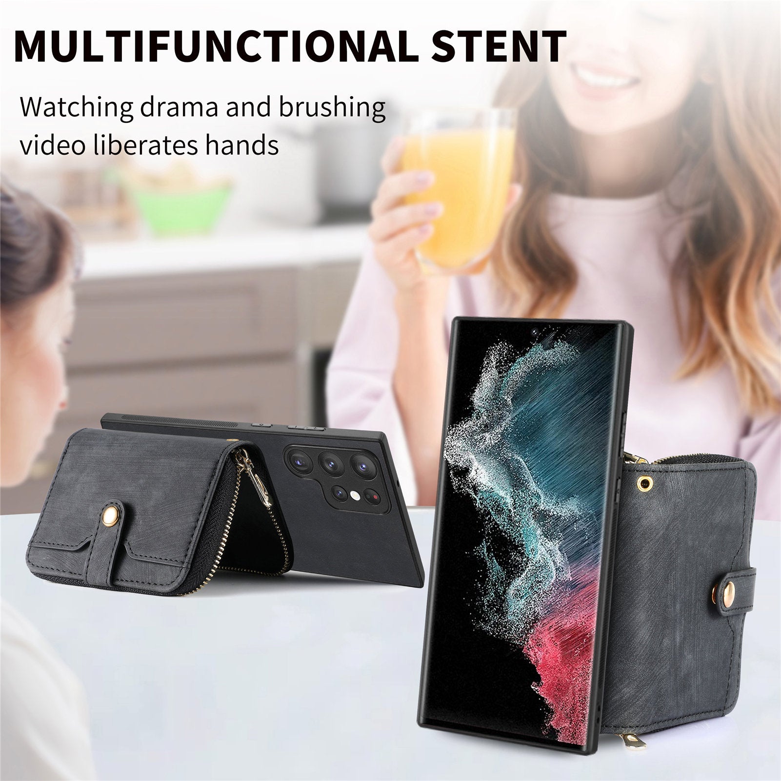 D3 Phone Case Wallet for Samsung Galaxy S22 Ultra 5G Zipper Pocket PU Leather+PC+TPU Phone Cover