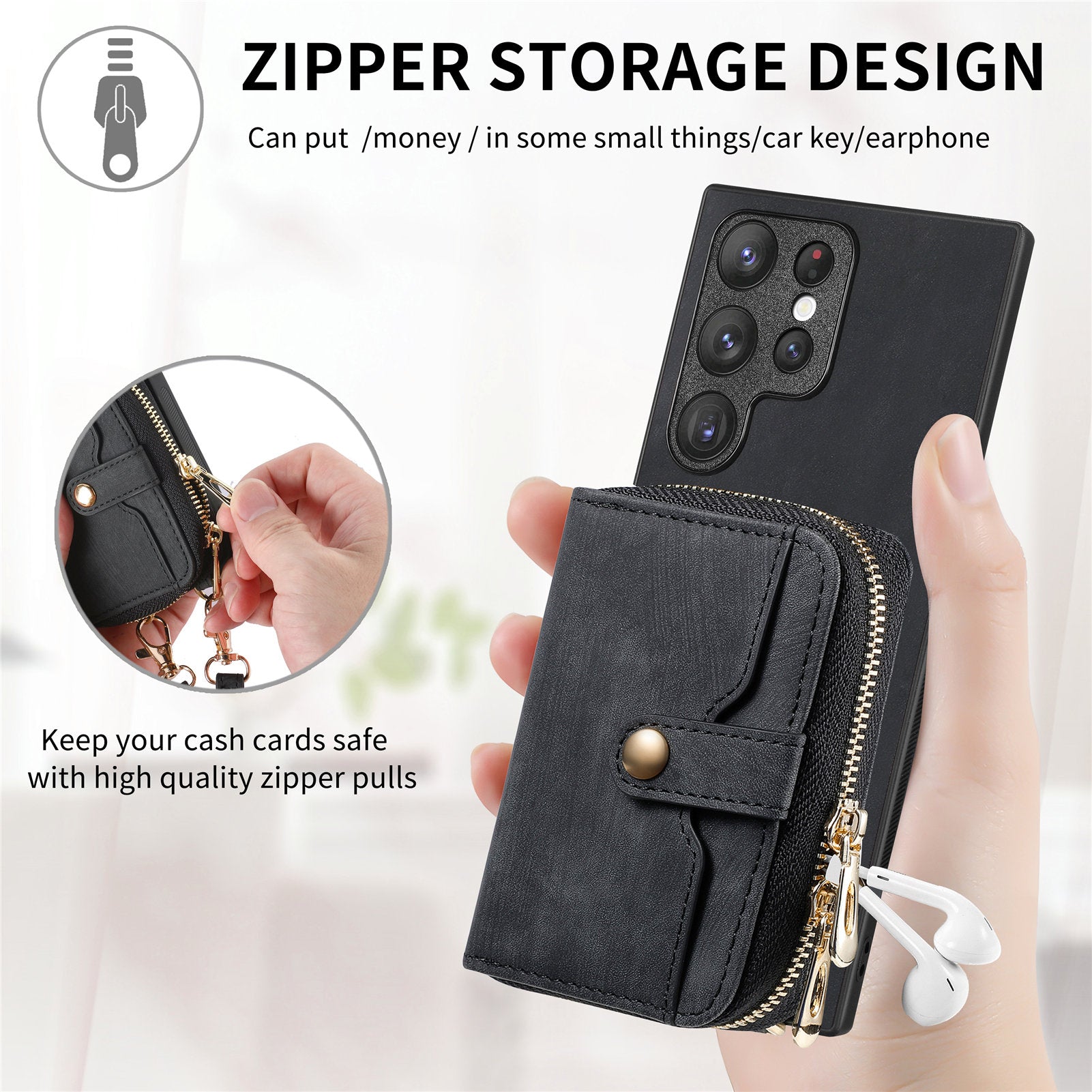 D3 Phone Case Wallet for Samsung Galaxy S22 Ultra 5G Zipper Pocket PU Leather+PC+TPU Phone Cover