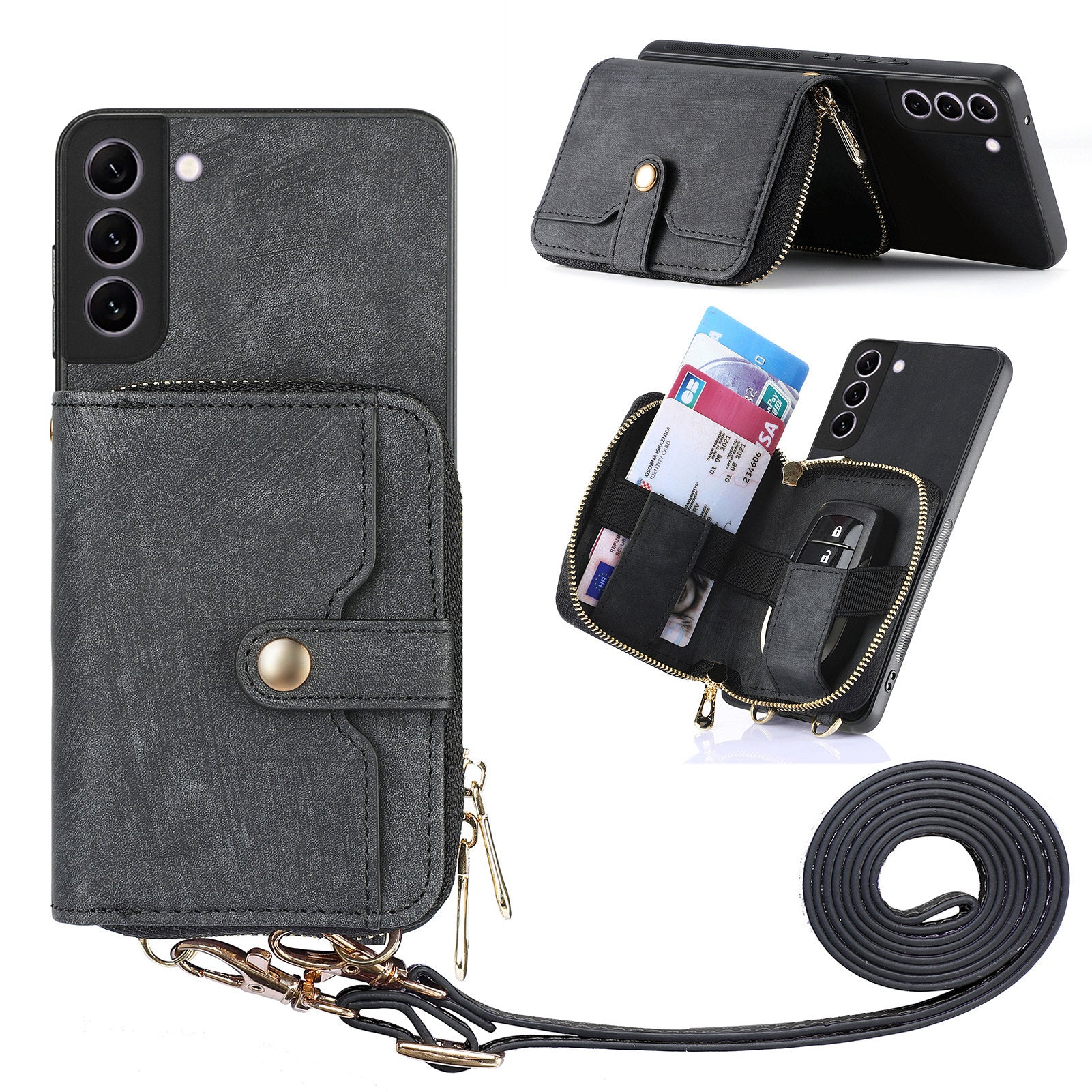 D3 for Samsung Galaxy S22+ 5G Zipper Pocket Crossbody Case Leather+TPU+PC Phone Cover