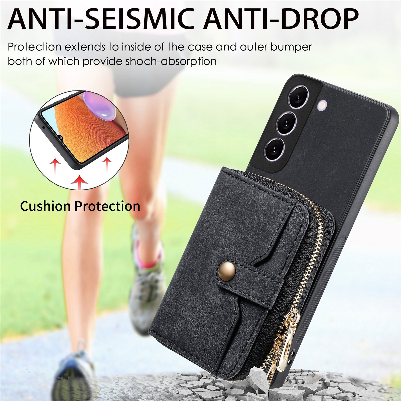 D3 for Samsung Galaxy S22+ 5G Zipper Pocket Crossbody Case Leather+TPU+PC Phone Cover