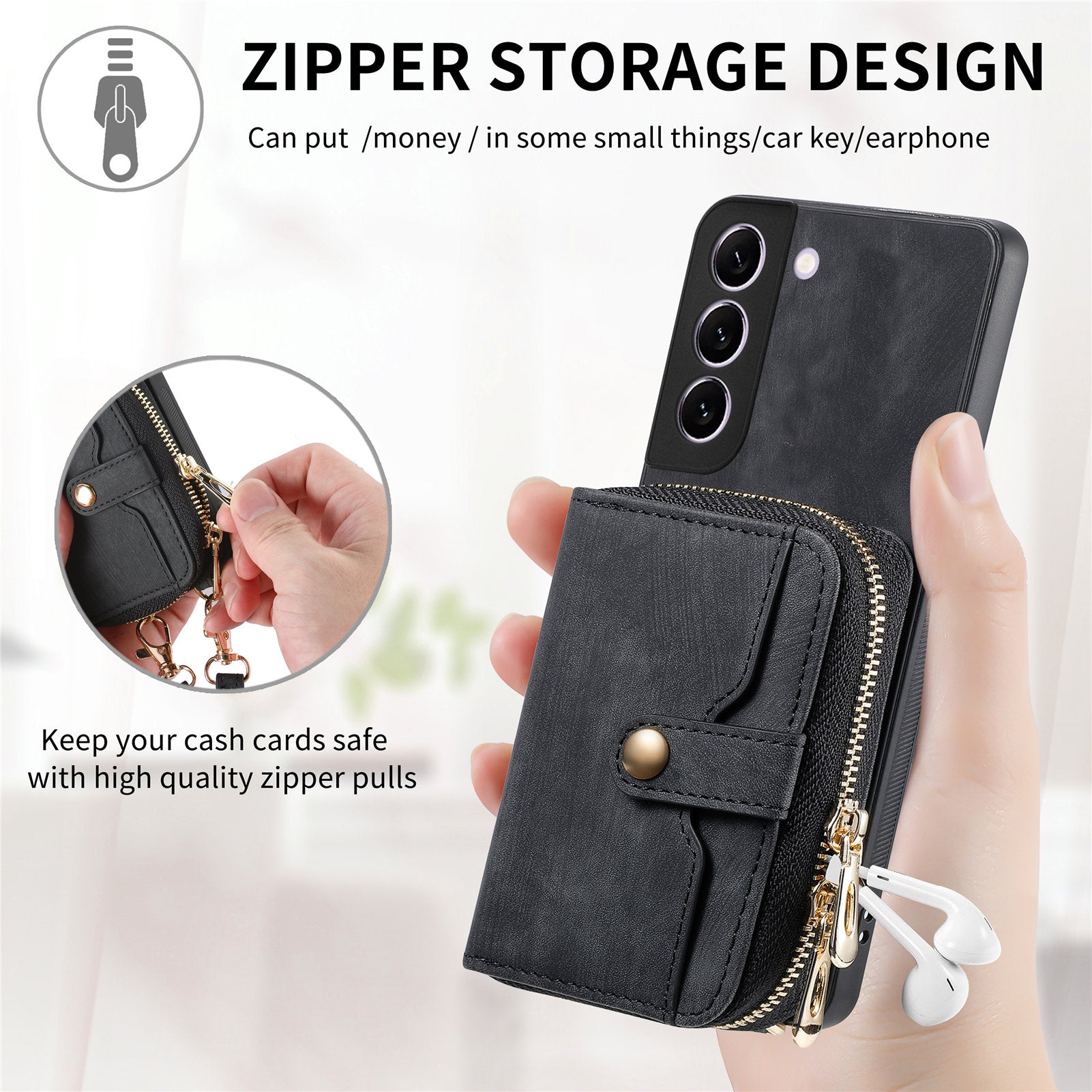 D3 for Samsung Galaxy S22+ 5G Zipper Pocket Crossbody Case Leather+TPU+PC Phone Cover