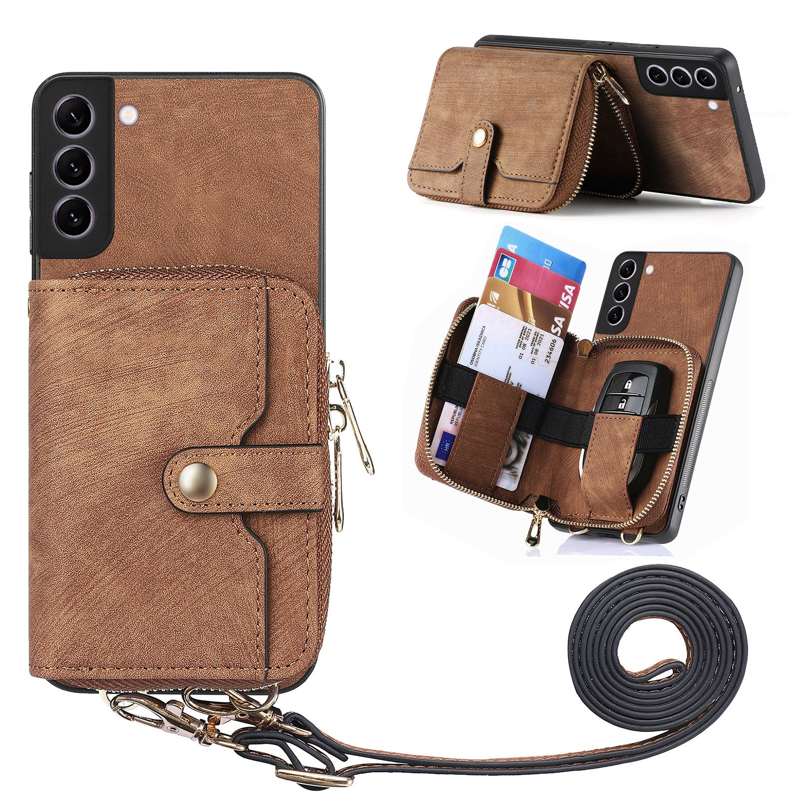 D3 for Samsung Galaxy S22+ 5G Zipper Pocket Crossbody Case Leather+TPU+PC Phone Cover