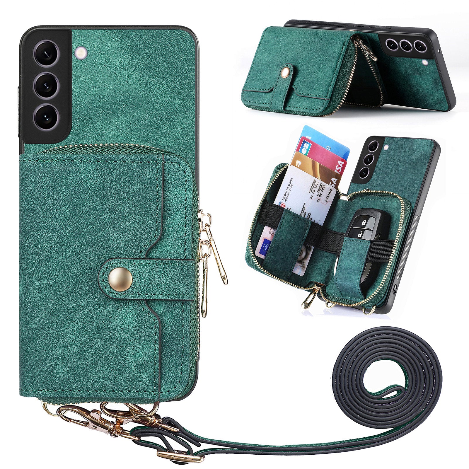 D3 for Samsung Galaxy S22+ 5G Zipper Pocket Crossbody Case Leather+TPU+PC Phone Cover