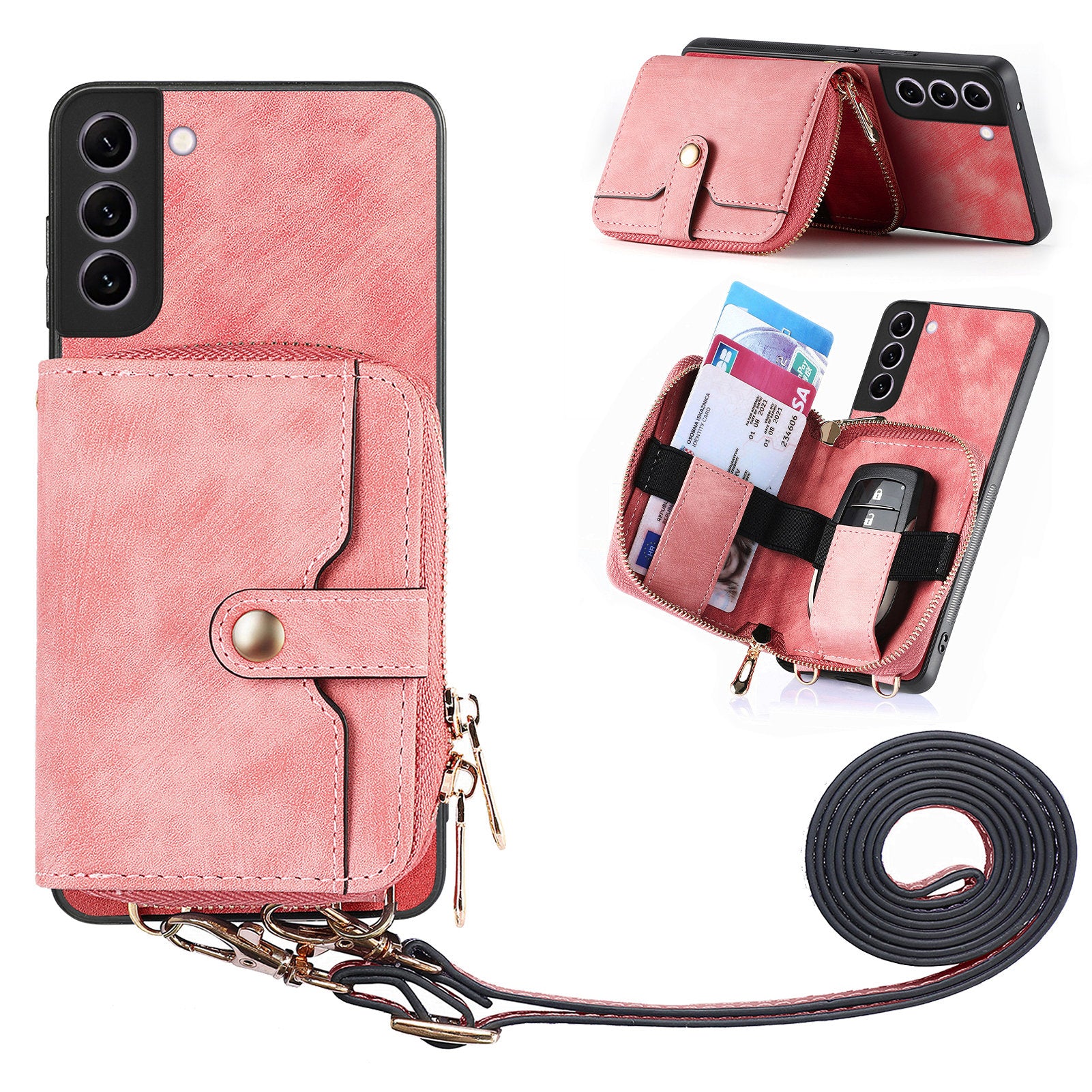 D3 for Samsung Galaxy S22+ 5G Zipper Pocket Crossbody Case Leather+TPU+PC Phone Cover