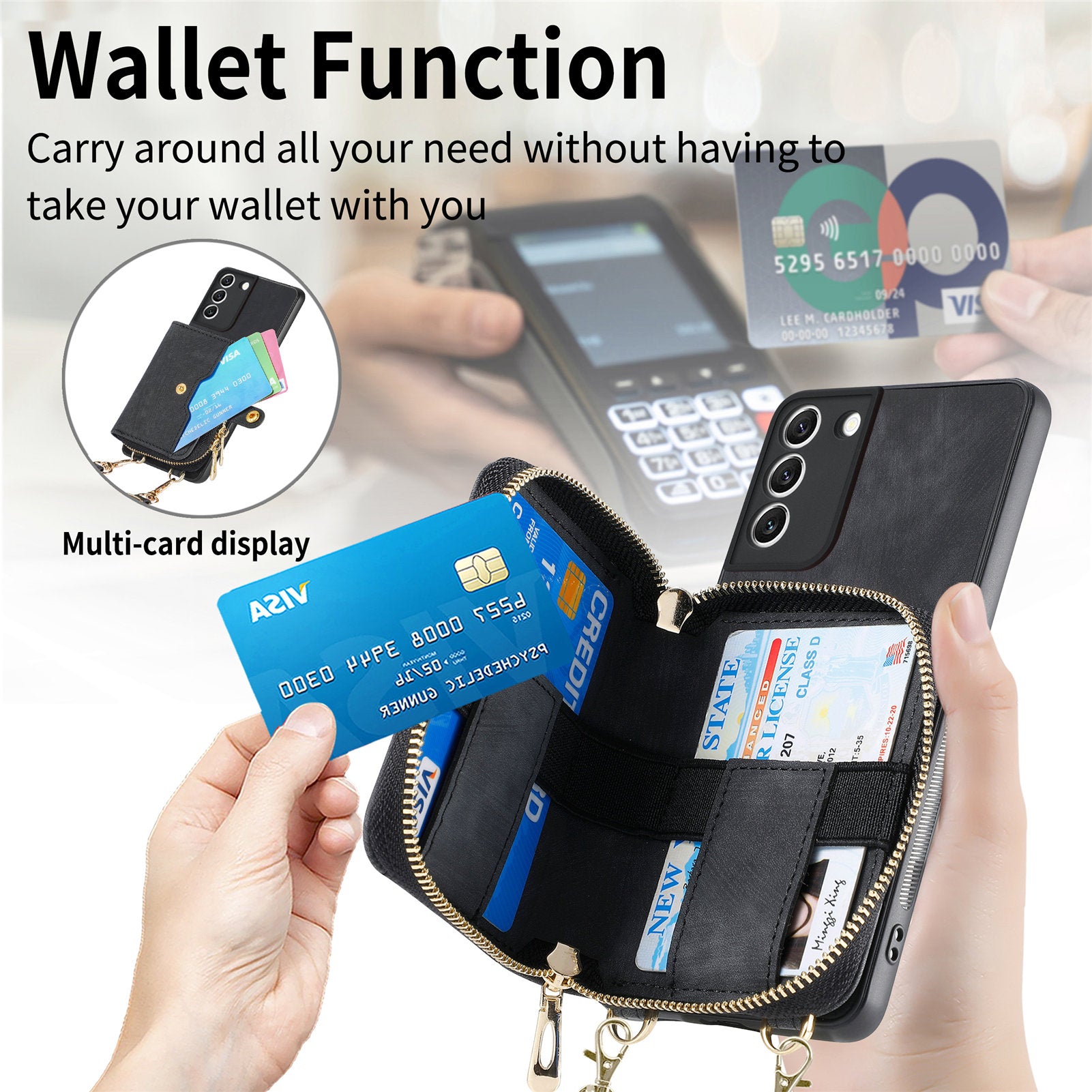 D3 For Samsung Galaxy S22 5G Case Zipper Wallet Retro Leather+TPU+PC Crossbody Phone Cover