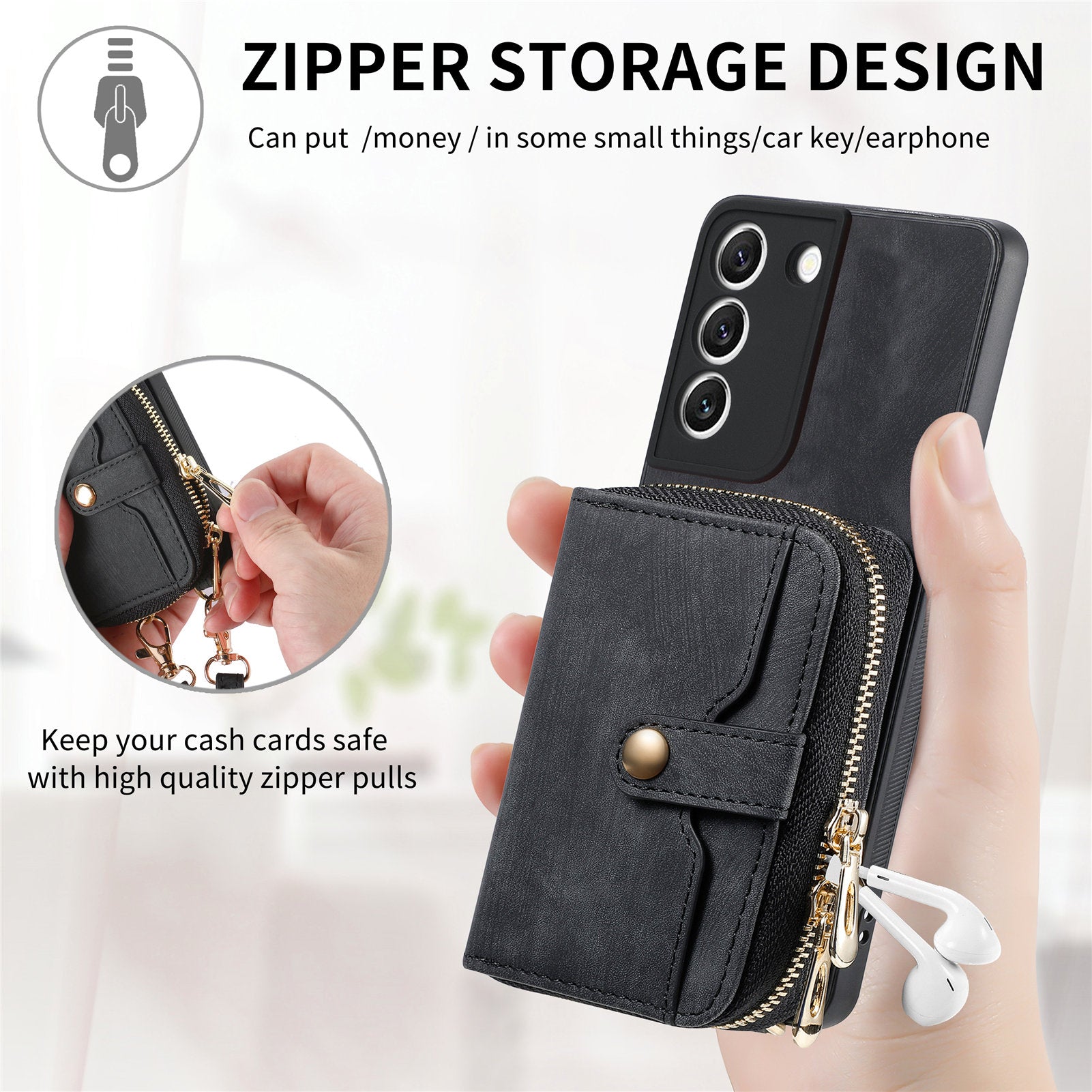 D3 For Samsung Galaxy S22 5G Case Zipper Wallet Retro Leather+TPU+PC Crossbody Phone Cover