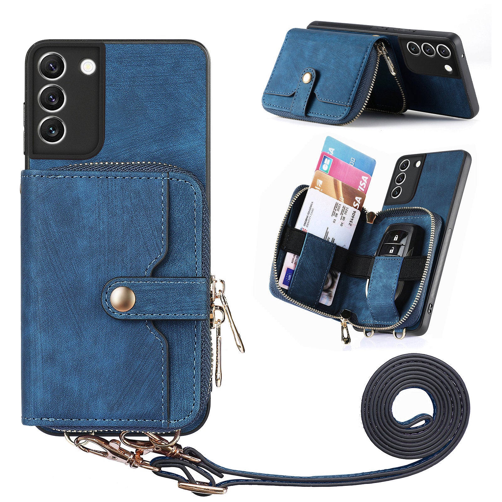 D3 For Samsung Galaxy S22 5G Case Zipper Wallet Retro Leather+TPU+PC Crossbody Phone Cover