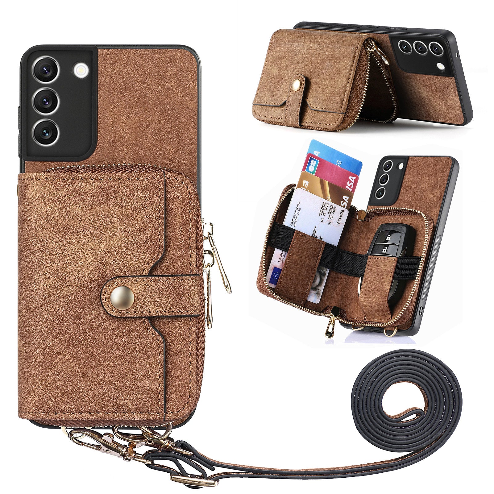 D3 For Samsung Galaxy S22 5G Case Zipper Wallet Retro Leather+TPU+PC Crossbody Phone Cover