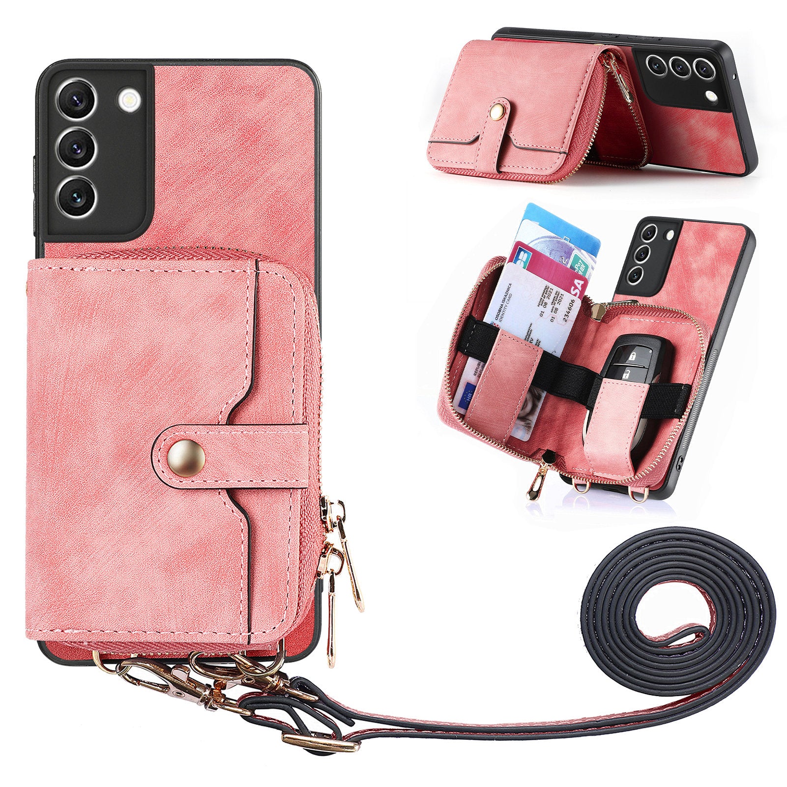 D3 For Samsung Galaxy S22 5G Case Zipper Wallet Retro Leather+TPU+PC Crossbody Phone Cover