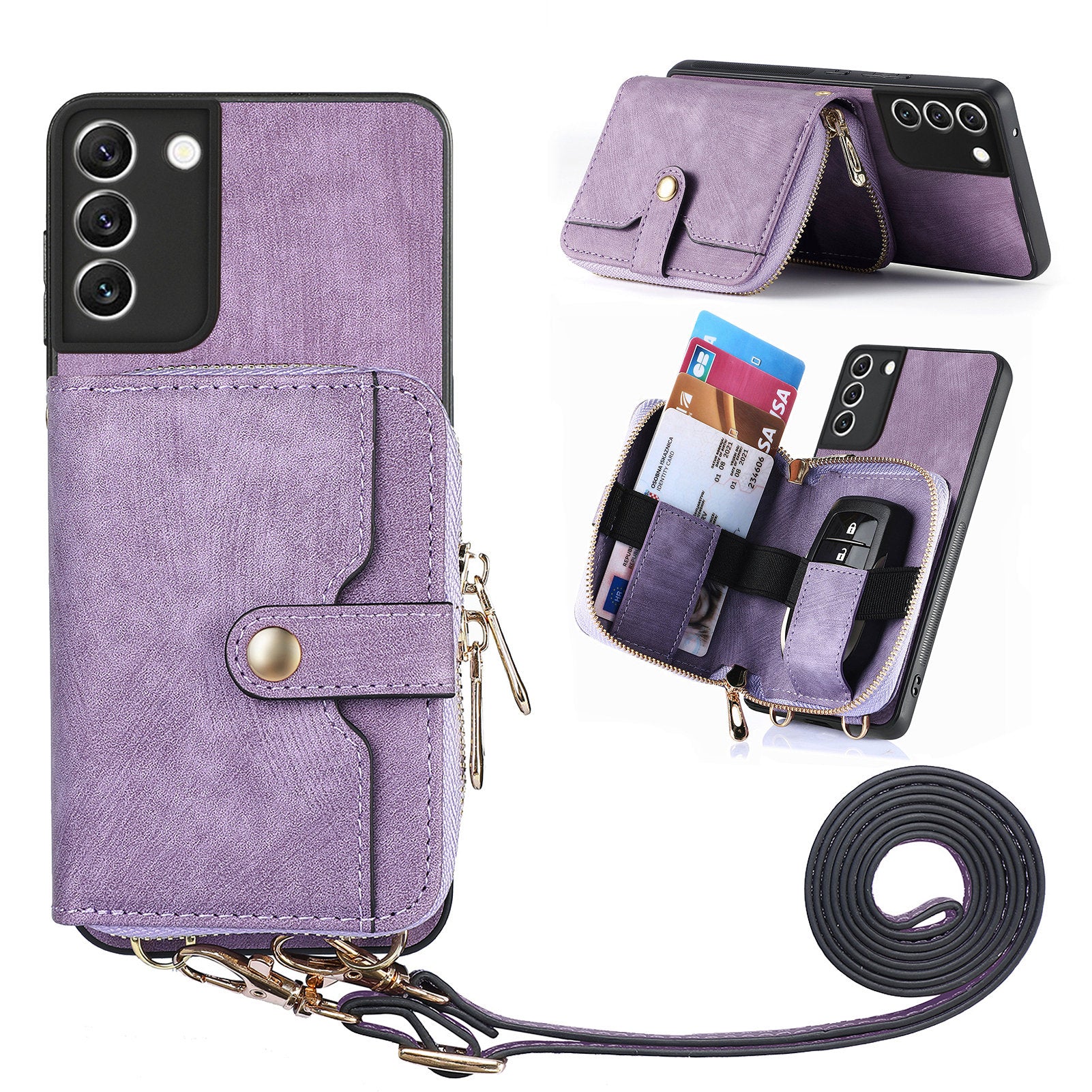 D3 For Samsung Galaxy S22 5G Case Zipper Wallet Retro Leather+TPU+PC Crossbody Phone Cover