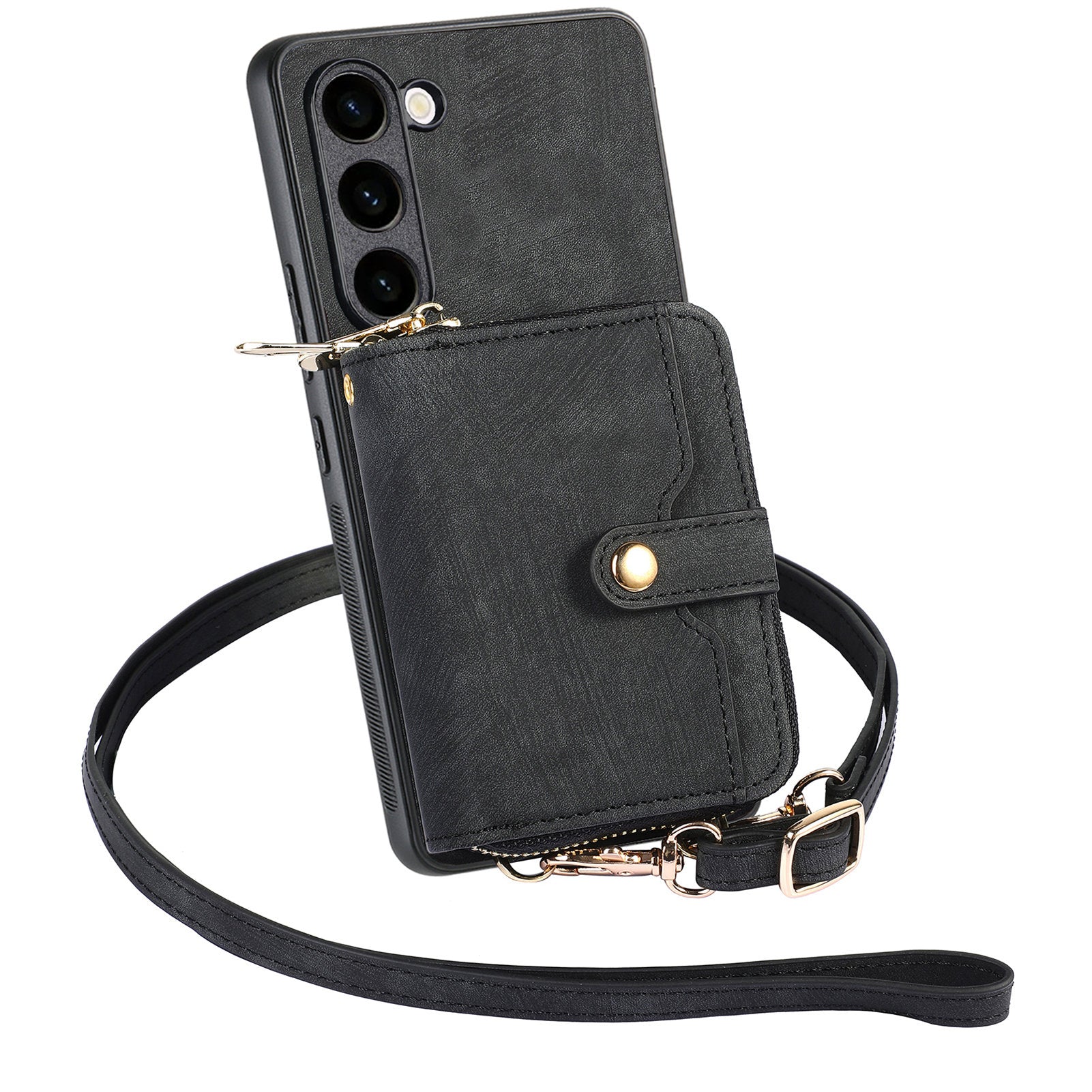 D3 For Samsung Galaxy S23+ Cell Phone Case Zipper Pocket Kickstand Cover with Long Strap