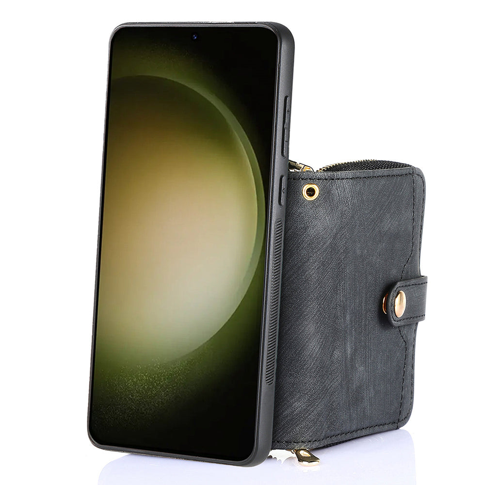D3 For Samsung Galaxy S23+ Cell Phone Case Zipper Pocket Kickstand Cover with Long Strap