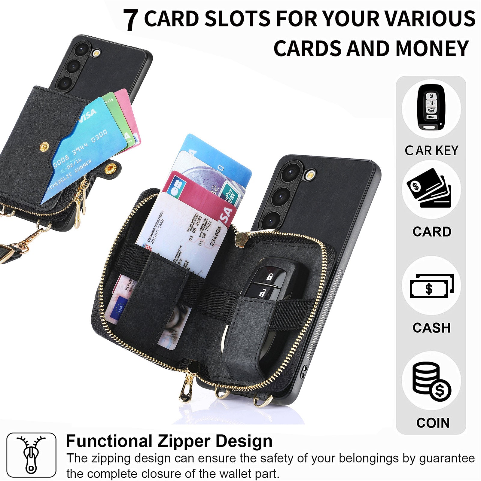 D3 For Samsung Galaxy S23+ Cell Phone Case Zipper Pocket Kickstand Cover with Long Strap