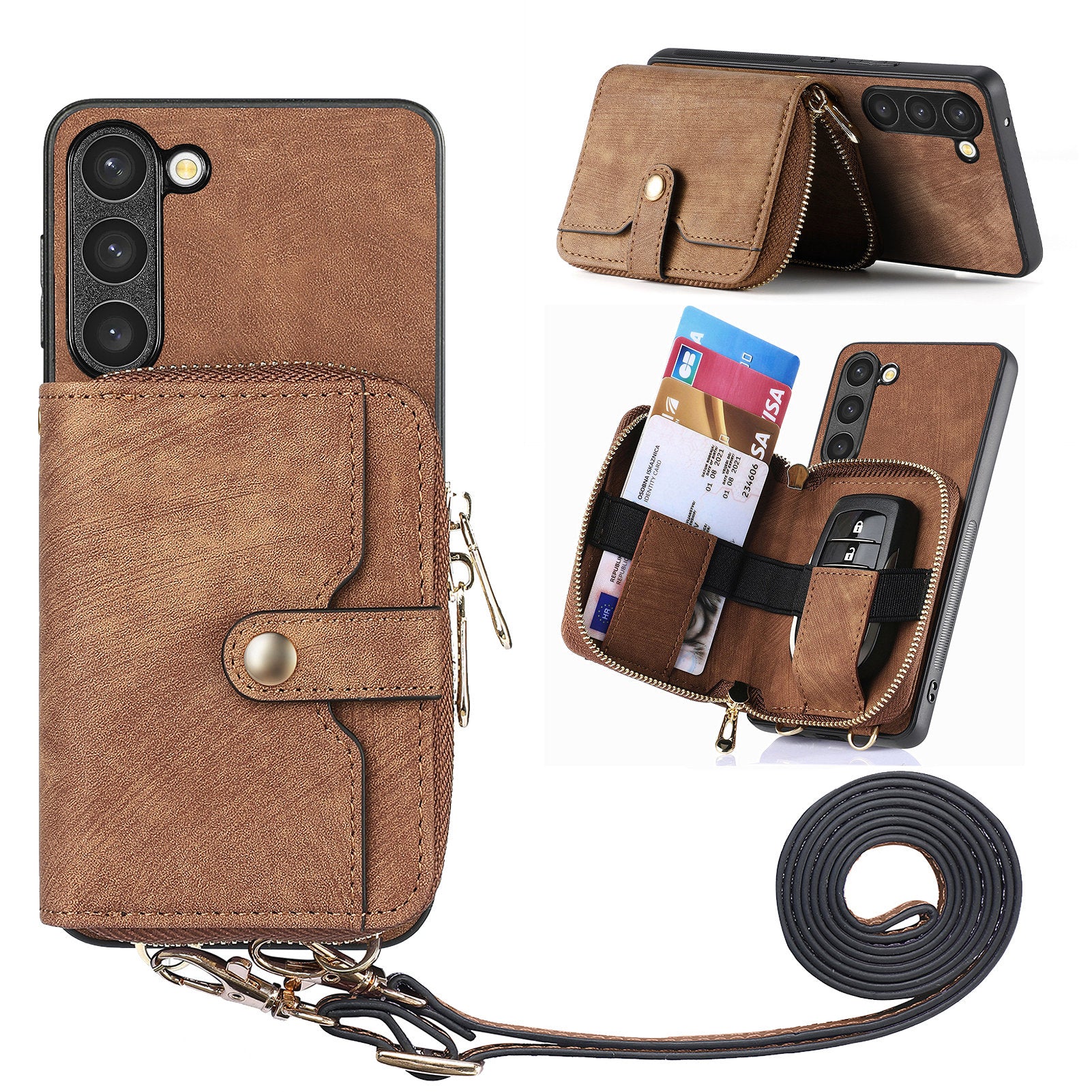 D3 For Samsung Galaxy S23+ Cell Phone Case Zipper Pocket Kickstand Cover with Long Strap