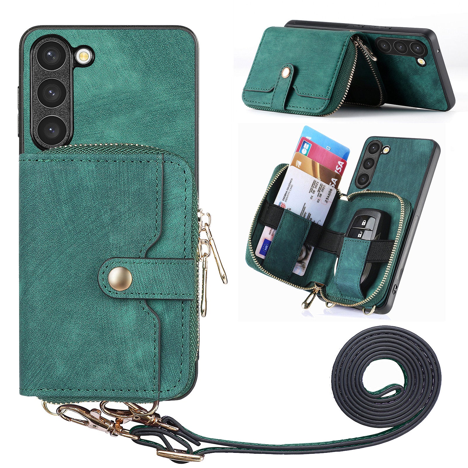 D3 For Samsung Galaxy S23+ Cell Phone Case Zipper Pocket Kickstand Cover with Long Strap