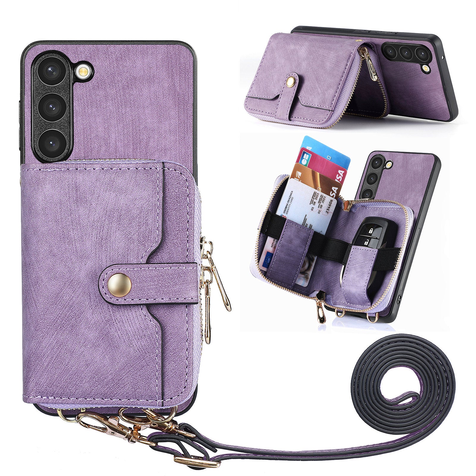 D3 For Samsung Galaxy S23+ Cell Phone Case Zipper Pocket Kickstand Cover with Long Strap